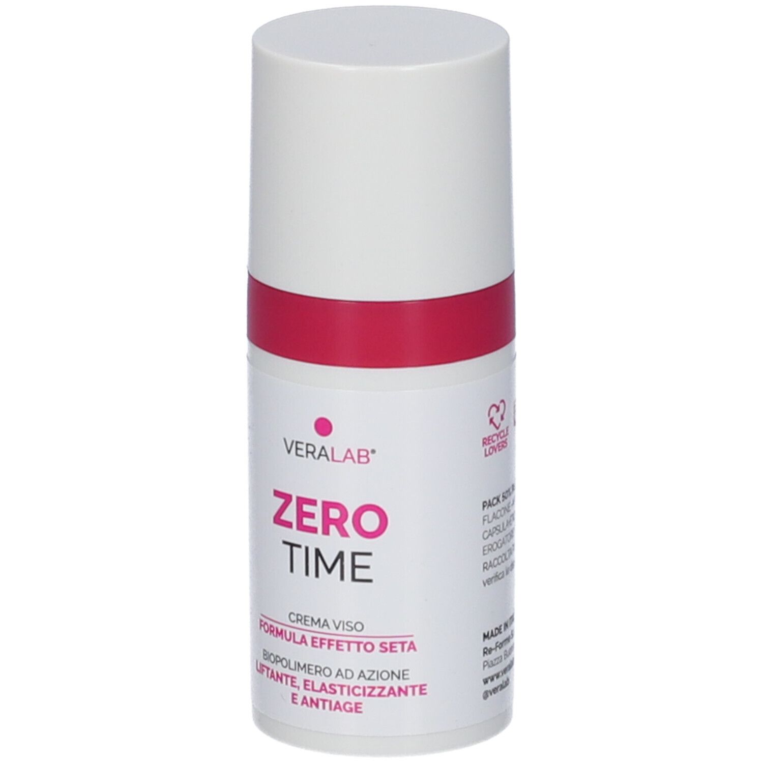 Flacone cilindrico bianco con fascia rosa. Scritta: Veralab, Zero Time, Crema Viso. Tappo bianco.