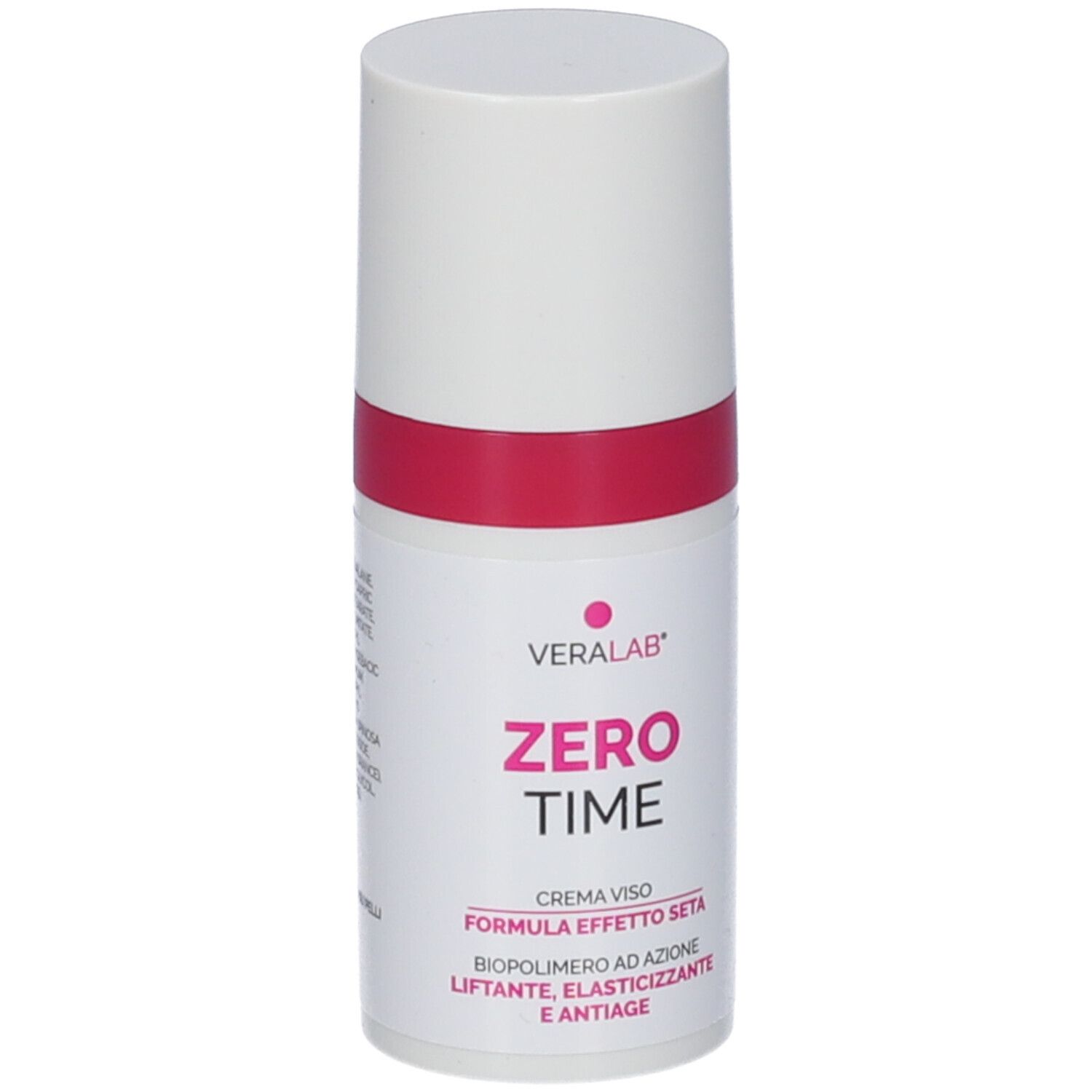 Flacone cilindrico bianco con fascia rosa. Scritta: Veralab, Zero Time, Crema Viso. Tappo bianco.