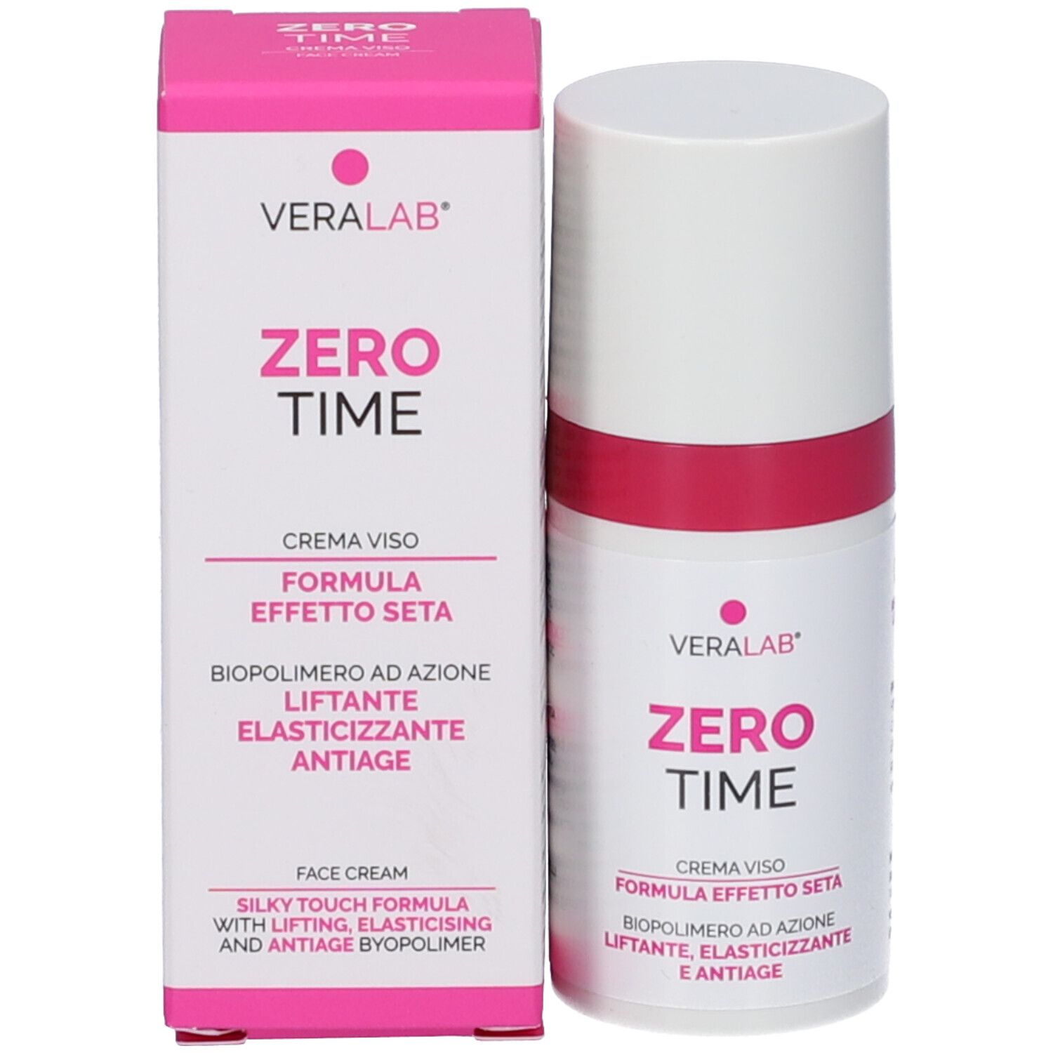 Confezione del prodotto: flacone e scatola. Scritta: Veralab, Zero Time, Crema Viso. Rosa e bianco.