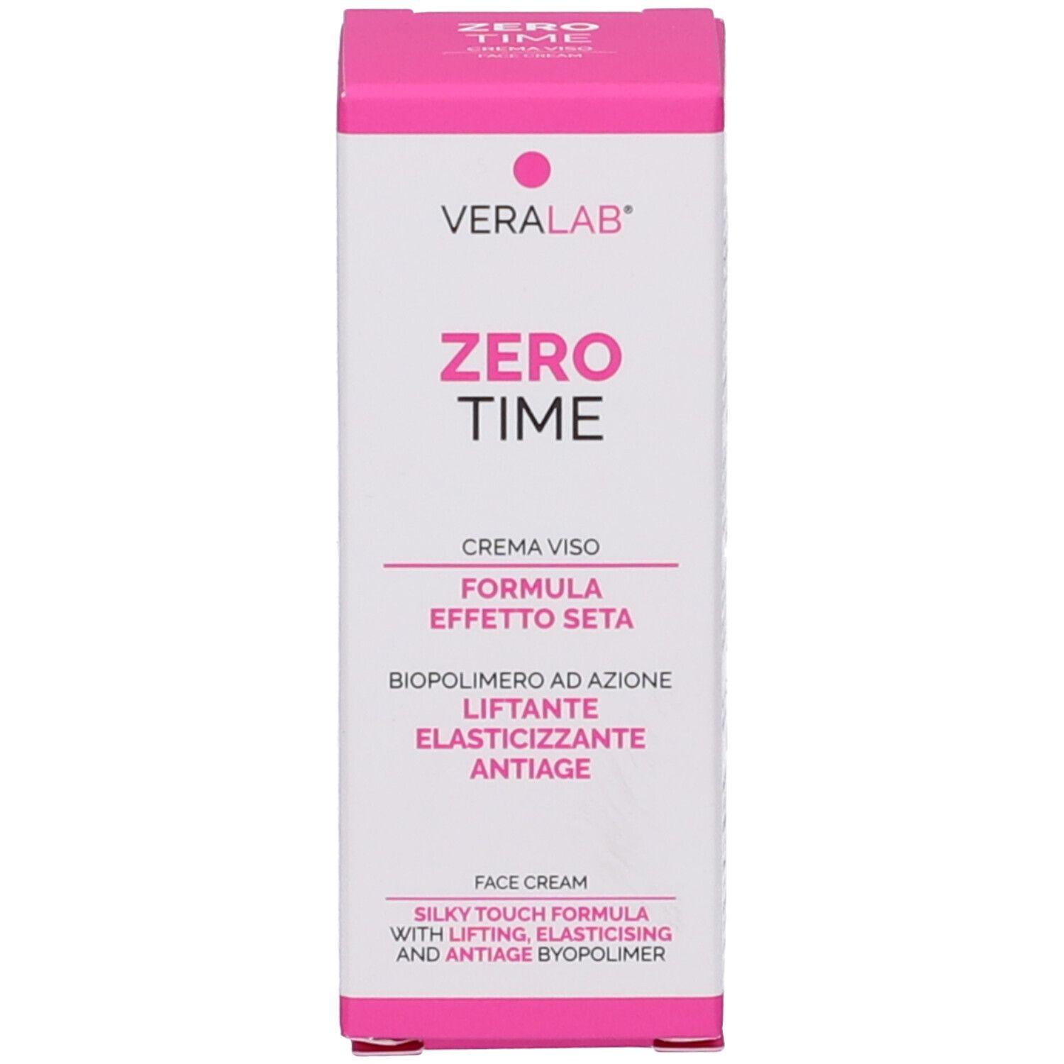 Confezione del prodotto rosa e bianca. Scritta: Veralab, Zero Time, Crema Viso. Testo.