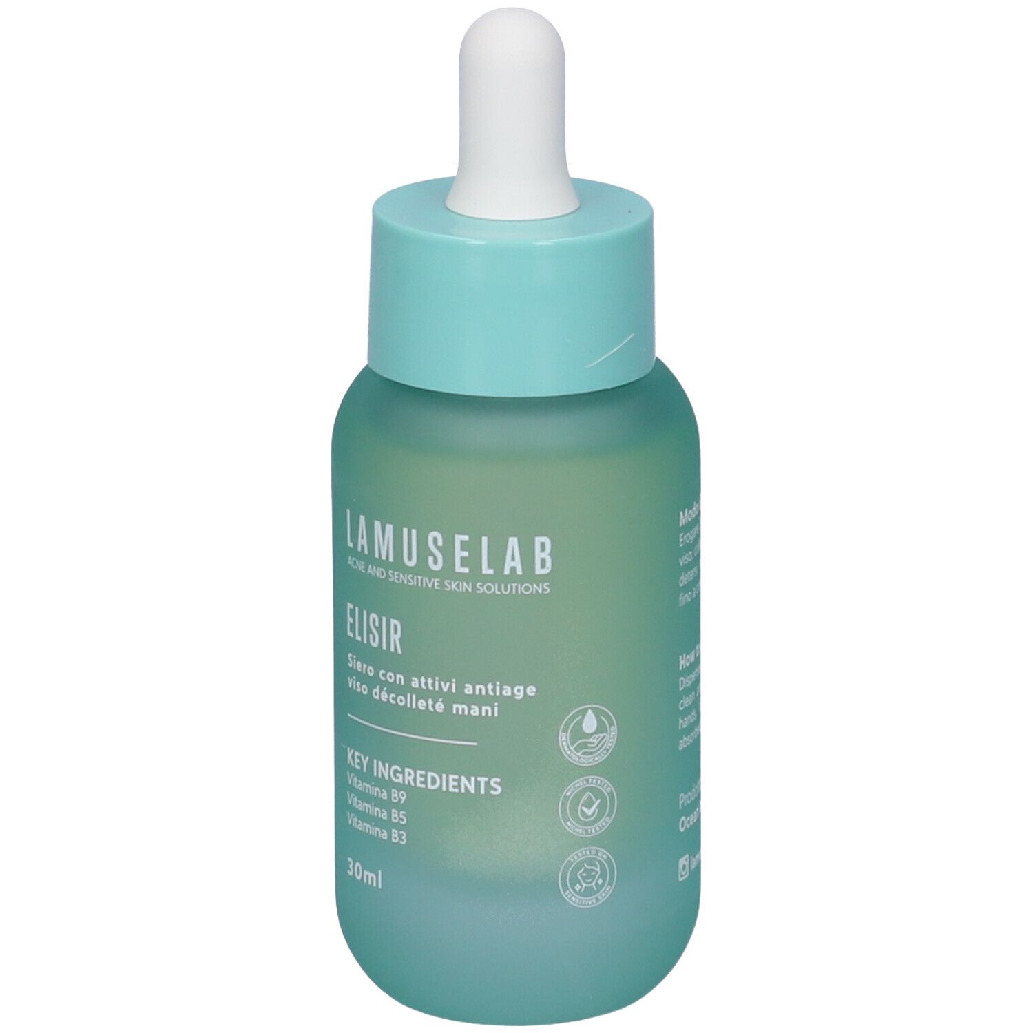 Flacone verde con pipetta. Scritta: LAMUSELAB ELISIR. Contiene vitamina B9, B5, B3. 30ml.