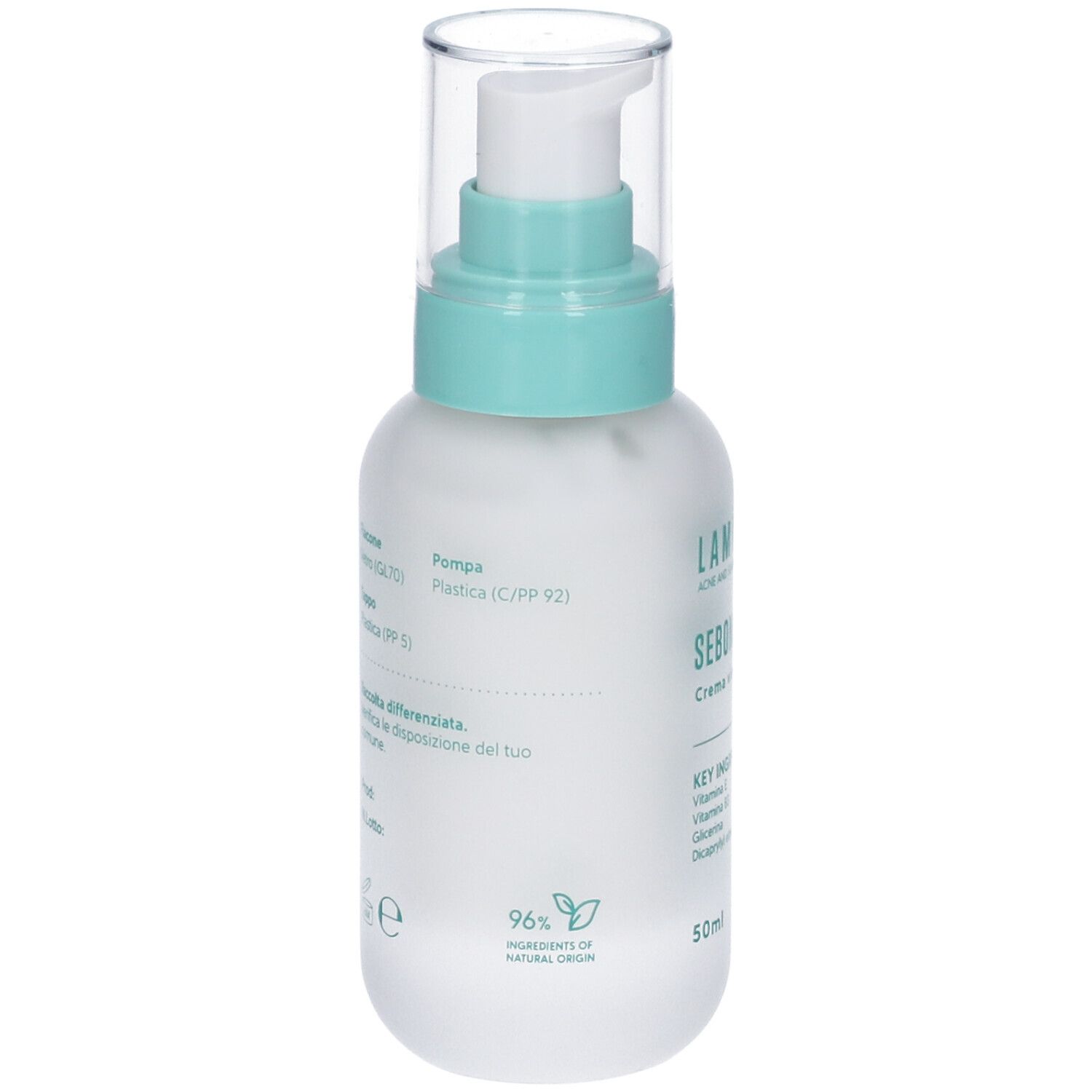 Retro del flacone crema. Scritta: LAMUSELAB SEBONORM. Contiene 96% ingredienti di origine naturale. Dettagli composizione.