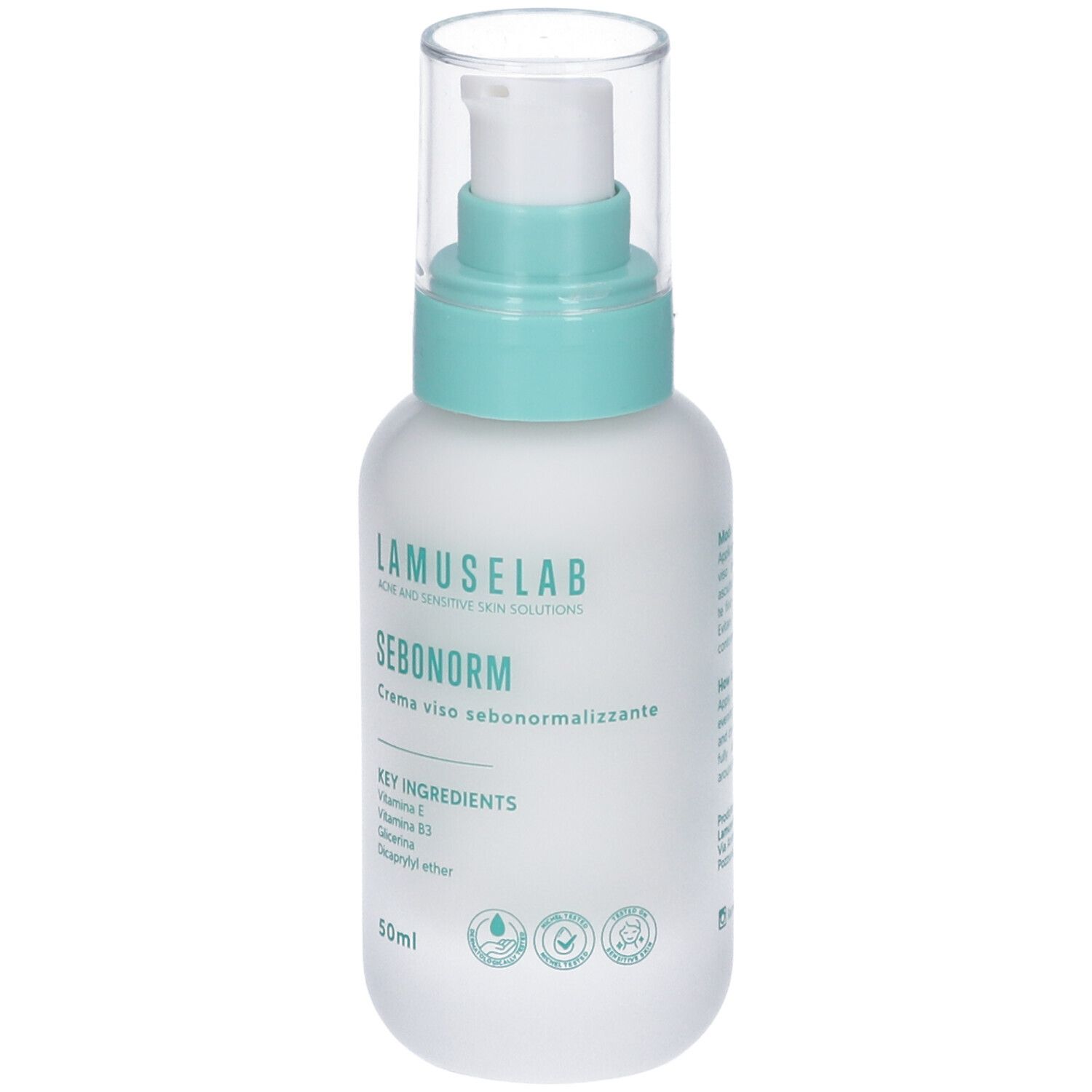 Flacone crema con dosatore a pompa. Scritta: LAMUSELAB SEBONORM. Contiene vitamina E, B3, glicerina. 50ml.