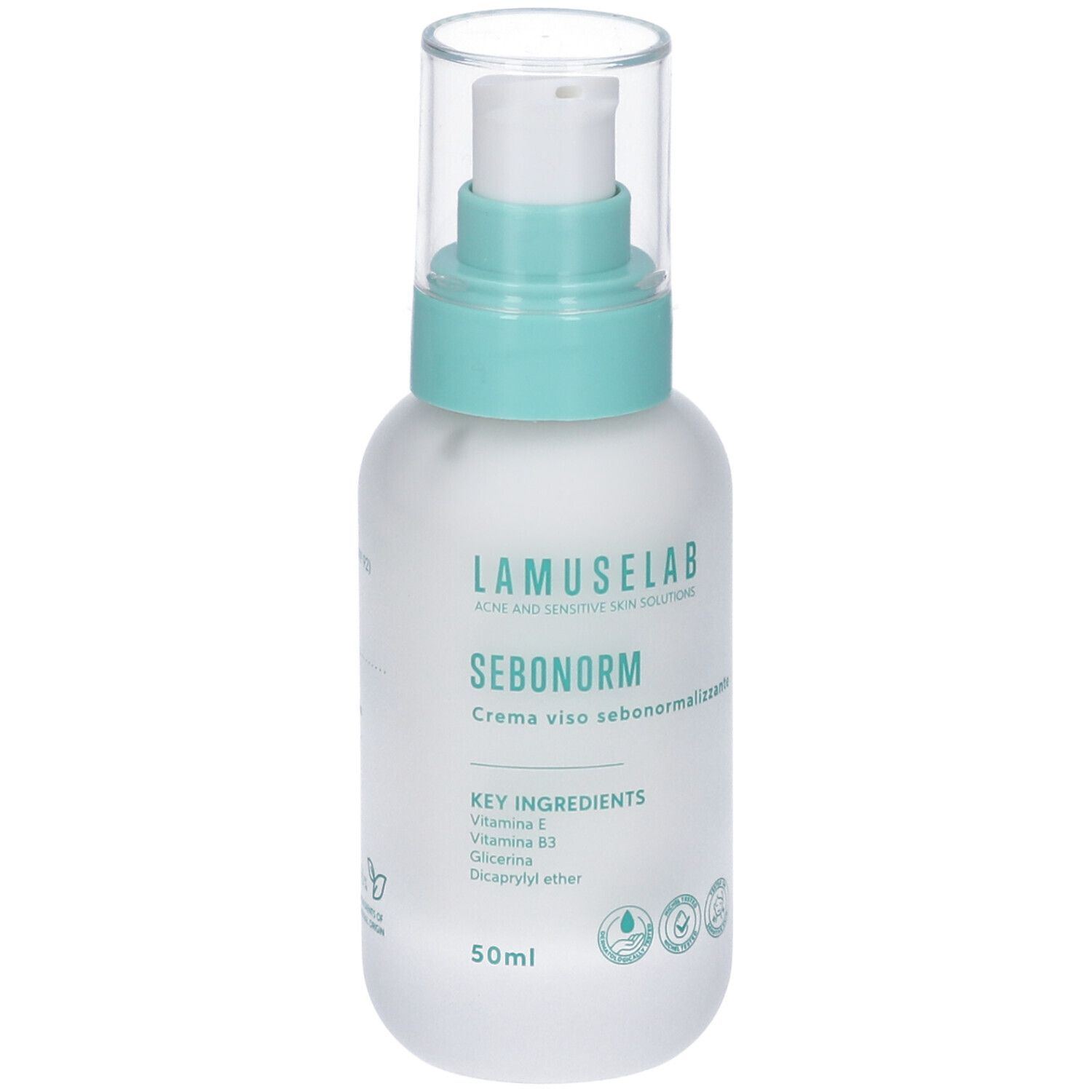 Flacone crema con dosatore a pompa. Scritta: LAMUSELAB SEBONORM. Contiene vitamina E, B3, glicerina. 50ml.