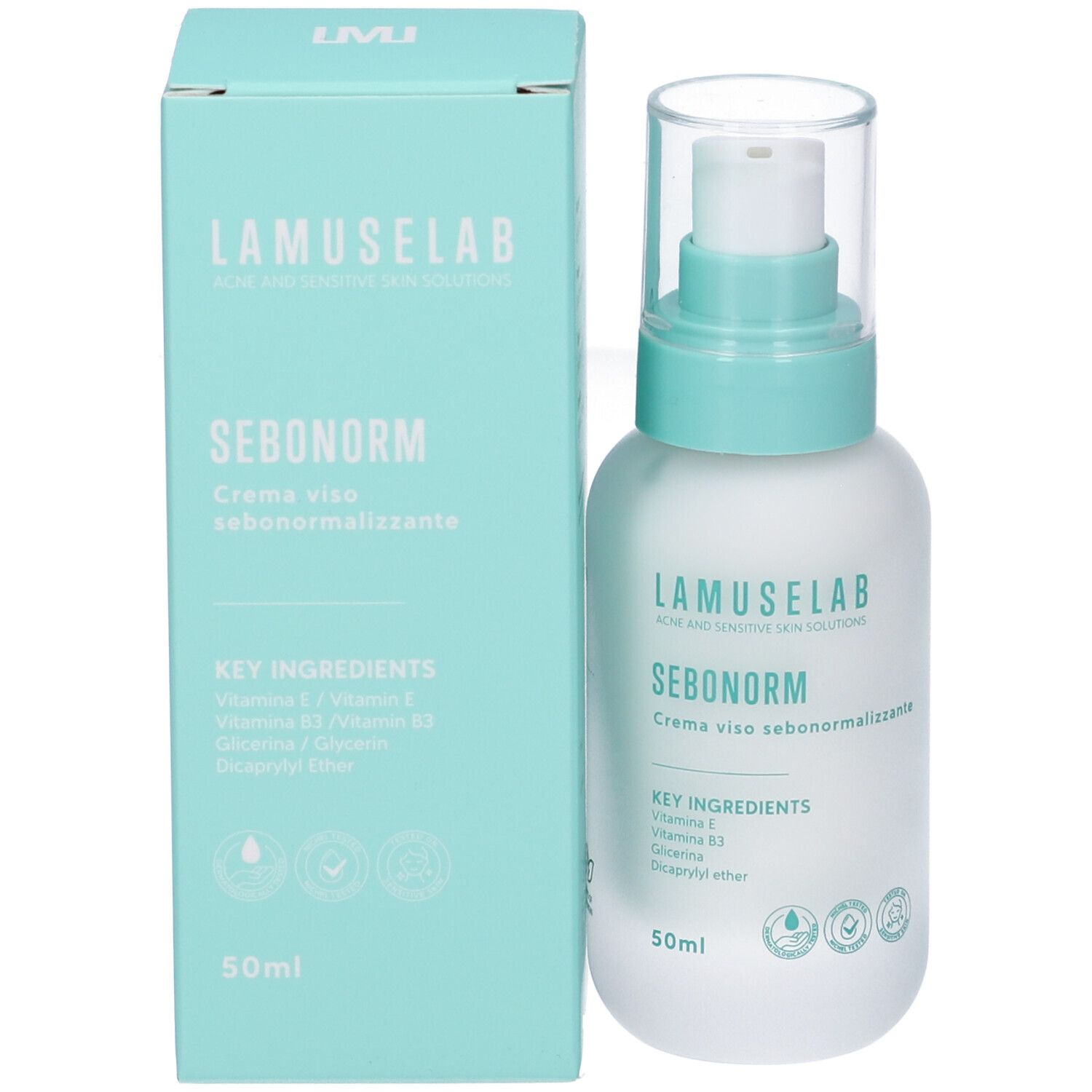 Flacone crema e scatola. Scritta: LAMUSELAB SEBONORM. Contiene vitamina E, B3, glicerina. 50ml.