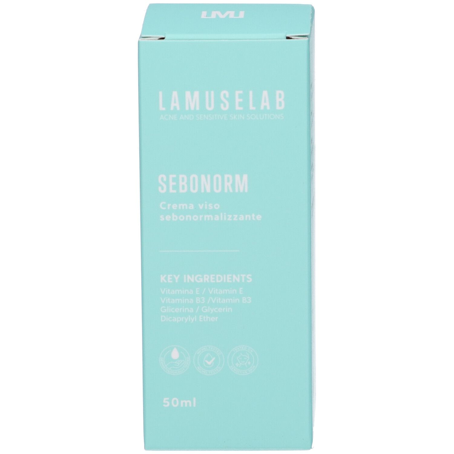Scatola. Scritta: LAMUSELAB SEBONORM. Contiene vitamina E, B3, glicerina. 50ml.