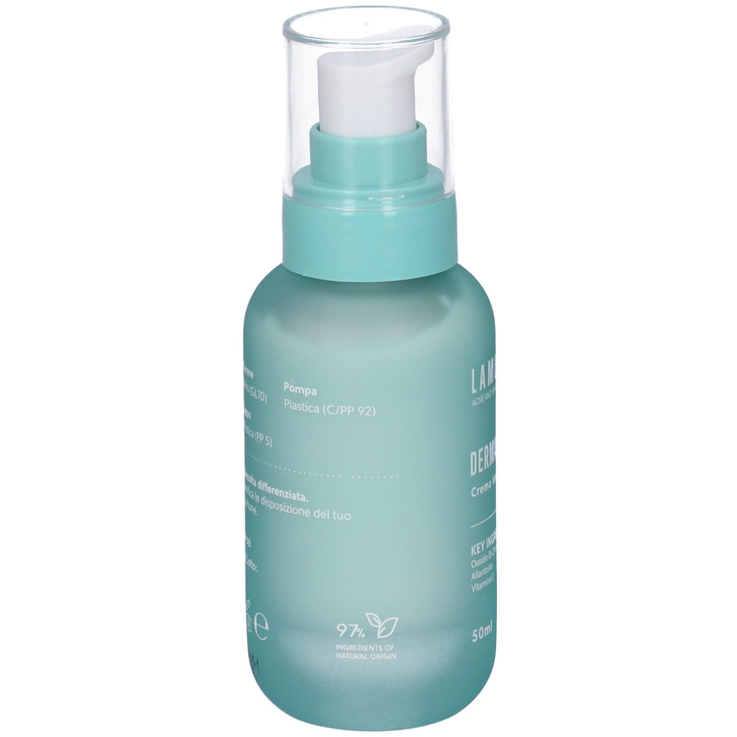 Flacone turchese con pompa. Scritta: Lamuselab Dermapaisante Crema lenitiva. Contiene ossido di zinco, allantoina, vitamina E. 50ml. 97% ingredienti naturali.