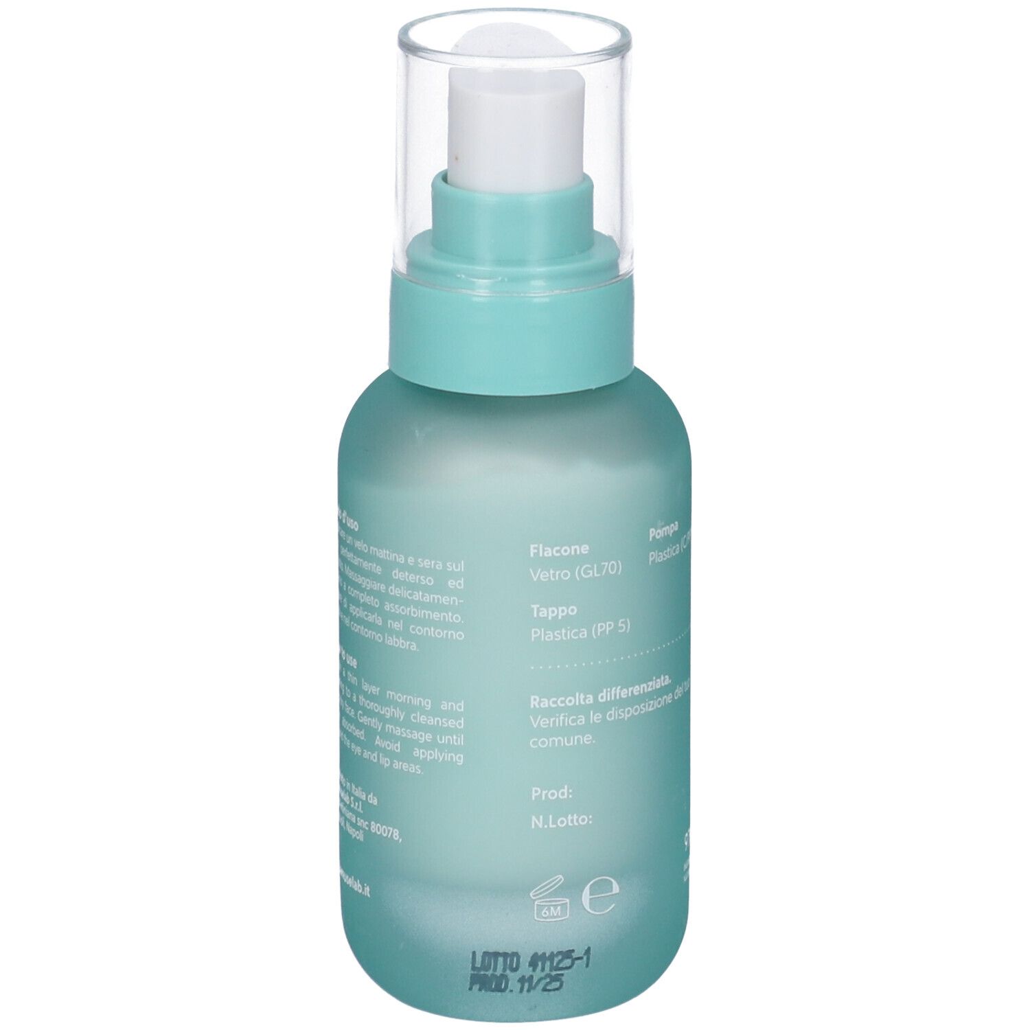 Retro del flacone turchese con pompa. Scritta: Flacone, vetro. Pompa, plastica. Tappo, plastica. 50ml. Informazioni sullo smaltimento.