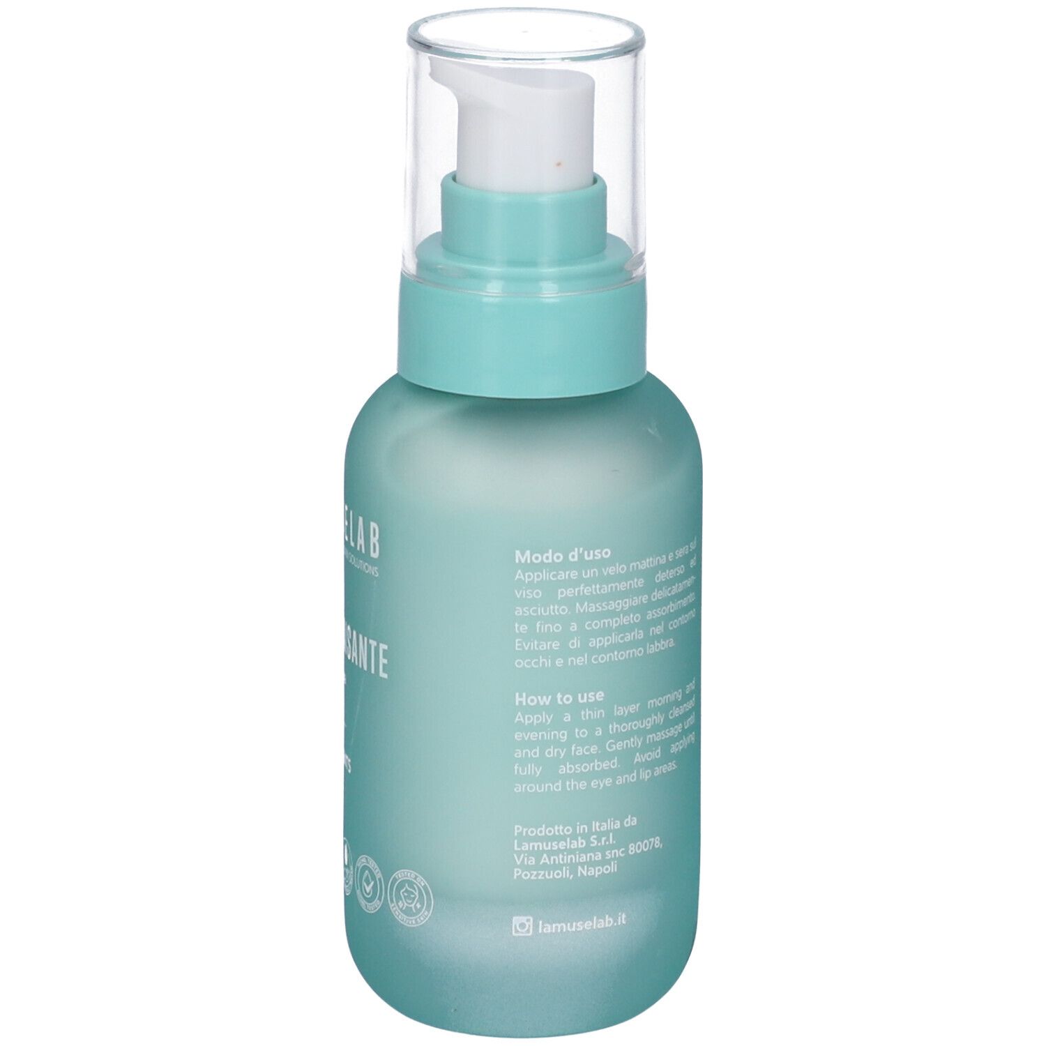 Retro del flacone turchese con pompa. Scritta: Modo d'uso. Ingredienti. Prodotto in Italia. Lamuselab.it.