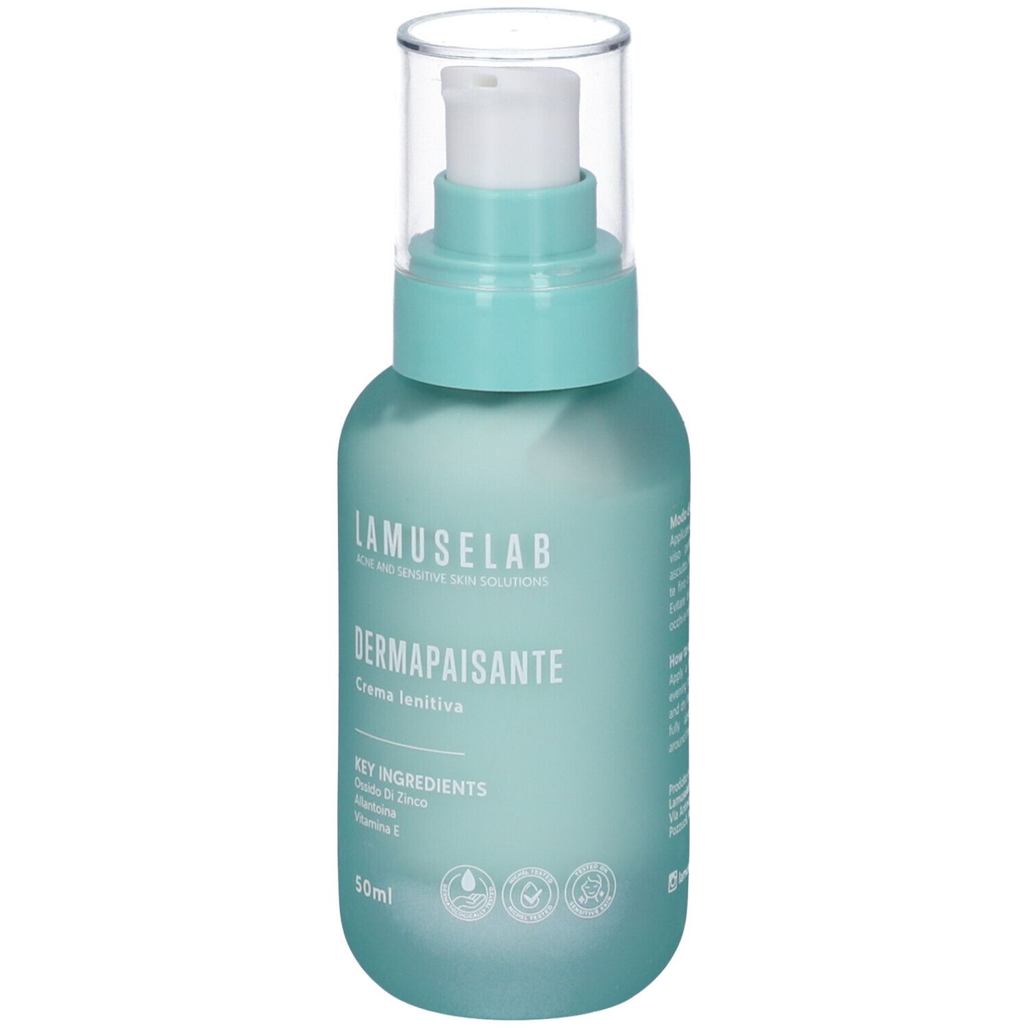 Flacone turchese con pompa. Scritta: Lamuselab Dermapaisante Crema lenitiva. Contiene ossido di zinco, allantoina, vitamina E. 50ml.
