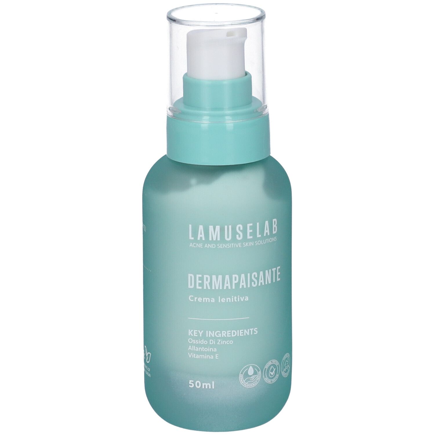 Flacone turchese con pompa. Scritta: Lamuselab Dermapaisante Crema lenitiva. Contiene ossido di zinco, allantoina, vitamina E. 50ml.