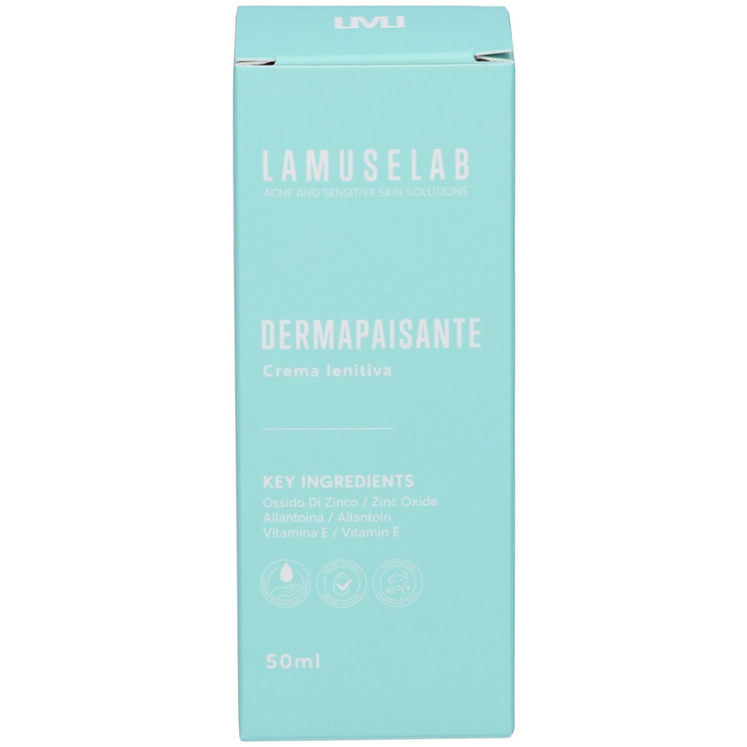 Scatola turchese. Scritta: Lamuselab Dermapaisante Crema lenitiva. Contiene ossido di zinco, allantoina, vitamina E. 50ml.