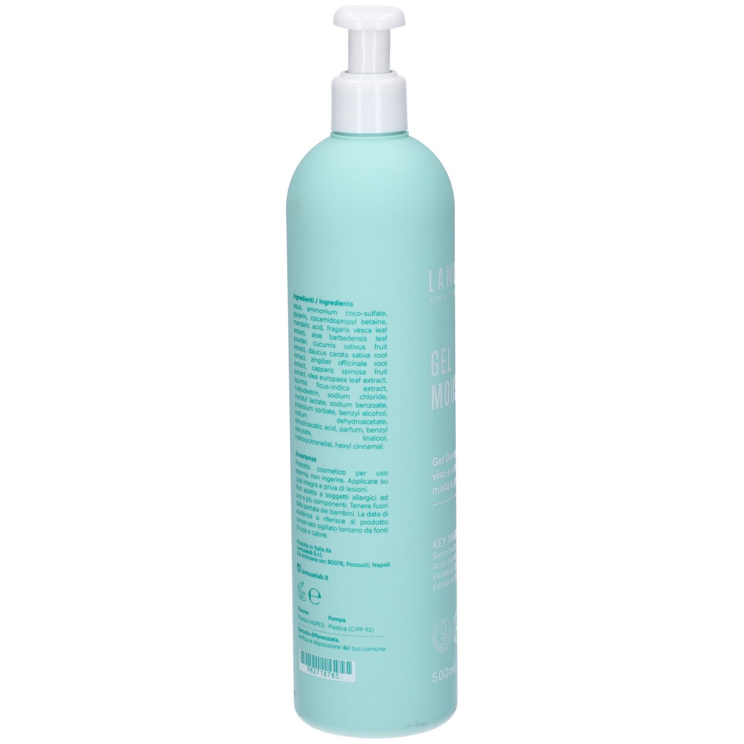 Retro del flacone turchese. Testo: ingredienti, istruzioni per l'uso, informazioni sul produttore. Con codice QR e simboli di riciclaggio.