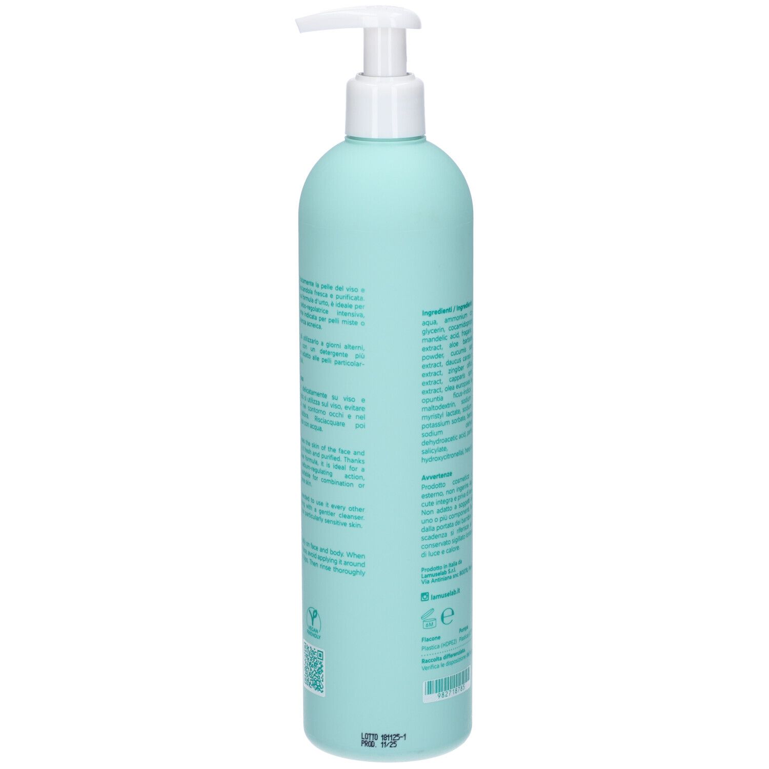 Vista posteriore del flacone turchese. Testo: istruzioni per l'uso, ingredienti. Con codice QR e simboli di riciclaggio.