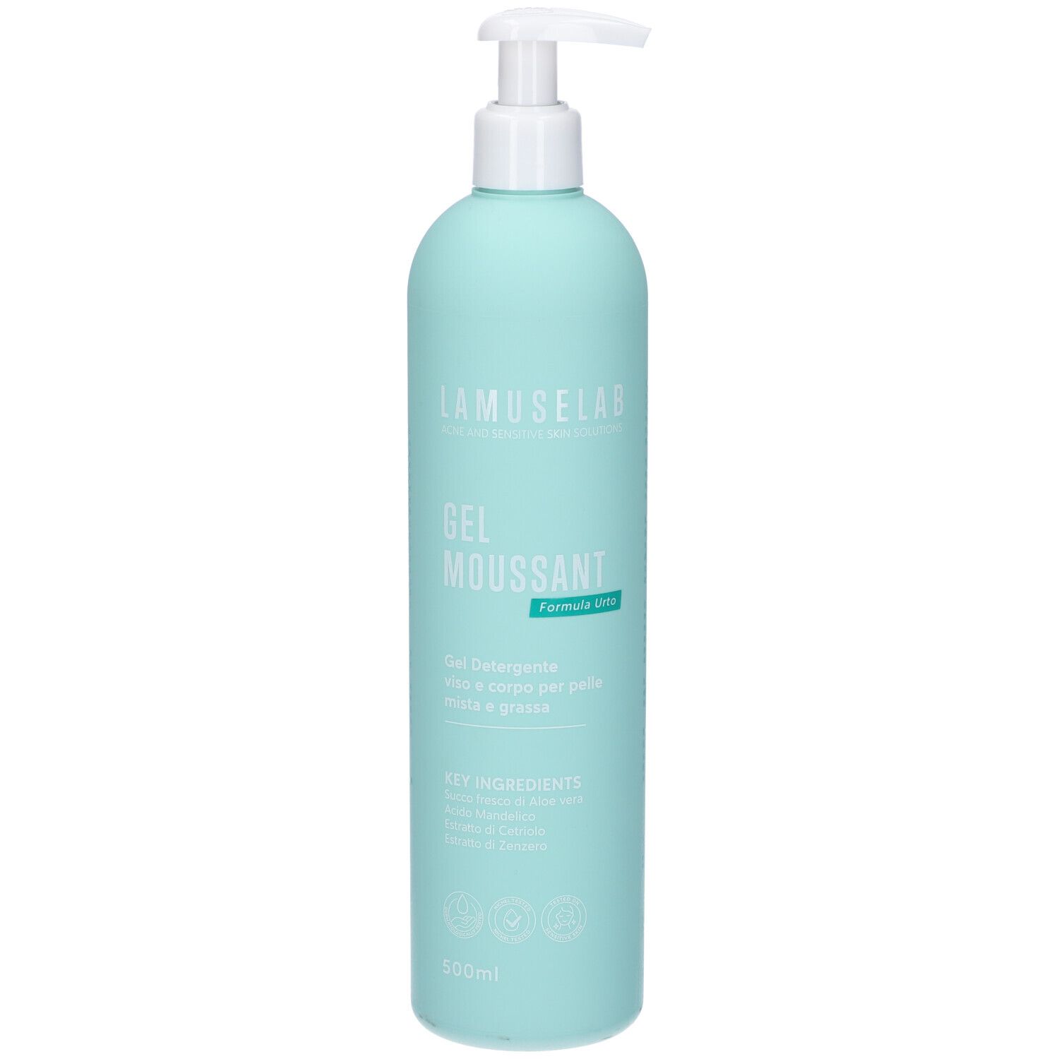 Flacone turchese con dosatore bianco. Scritta: LAMUSELAB, GEL MOUSSANT, Gel Detergente viso e corpo per pelli sensibili. 500ml.