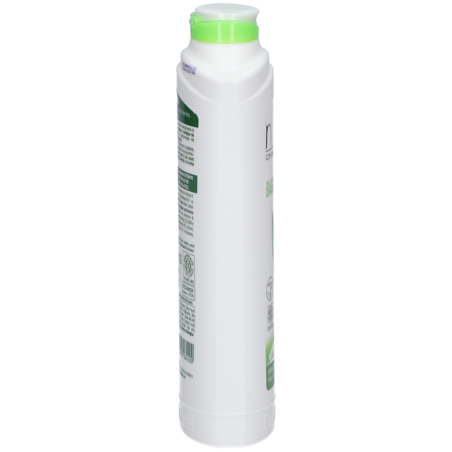 Flacone bianco, tappo verde. Testo e loghi laterali. Nome del prodotto parzialmente visibile.