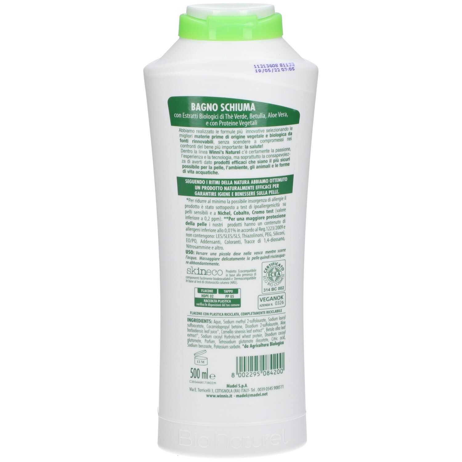 Retro del flacone bianco. Testo in italiano. Contiene informazioni sugli ingredienti e certificazioni.