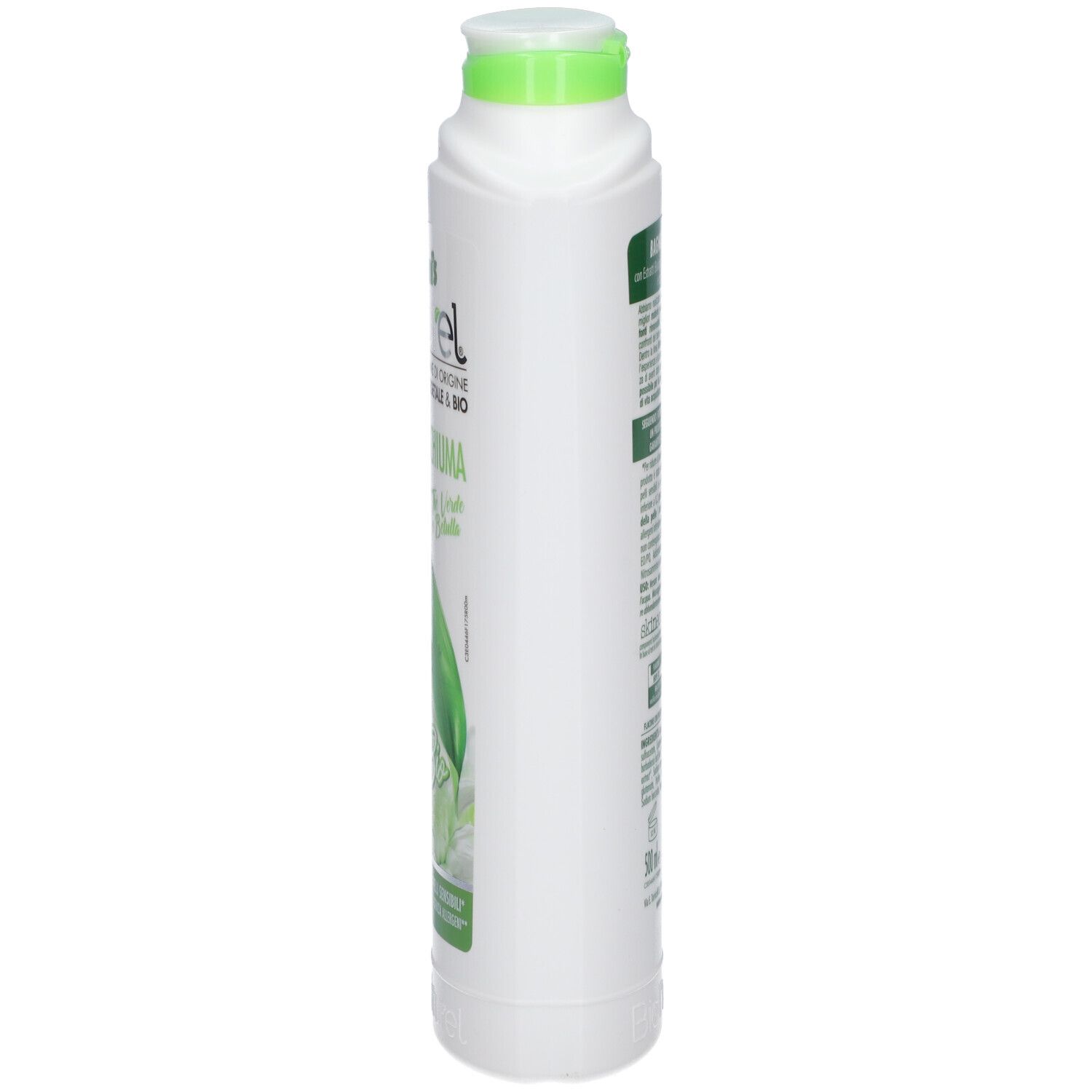 Flacone bianco, tappo verde. Testo e loghi laterali. Nome del prodotto parzialmente visibile.