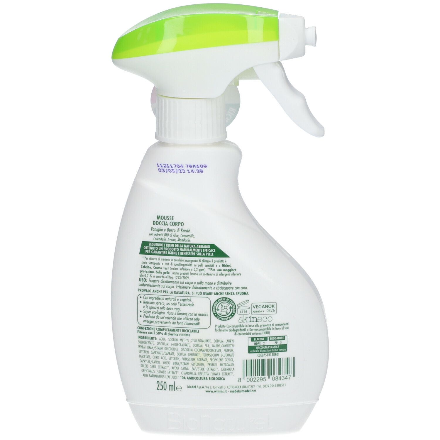 Flacone spray bianco con erogatore verde. Retro con testo e logo.