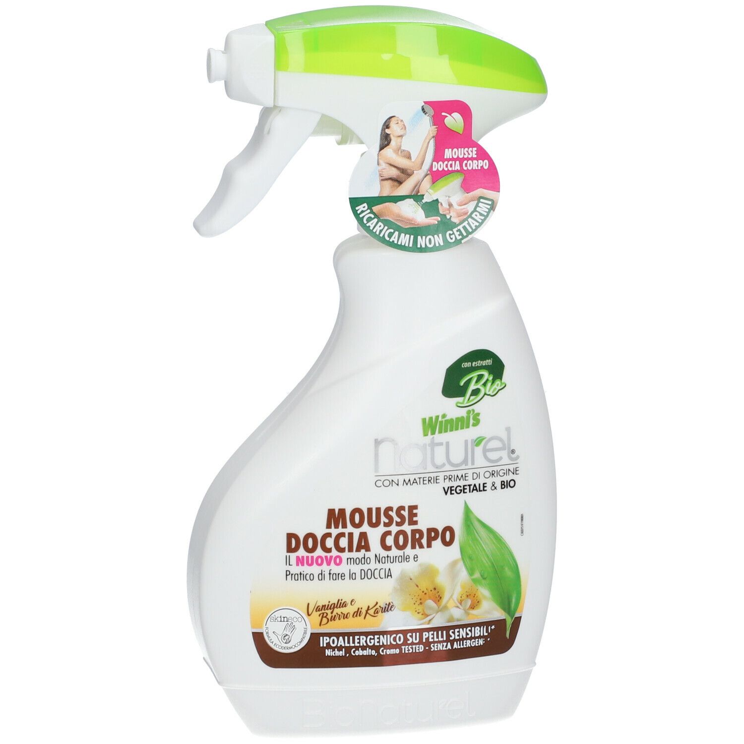 Flacone spray bianco con erogatore verde. Nome del prodotto e logo visibili.