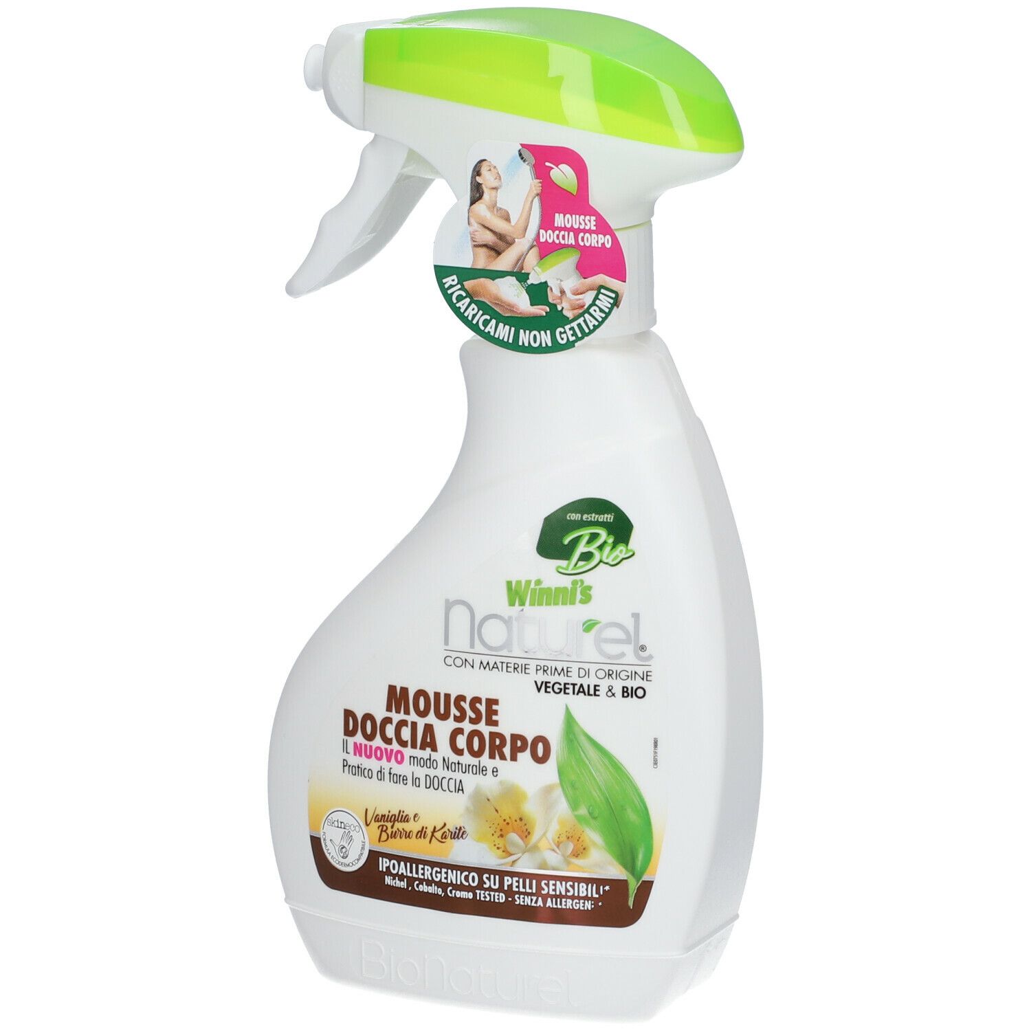 Flacone spray bianco con erogatore verde. Nome del prodotto e logo visibili.