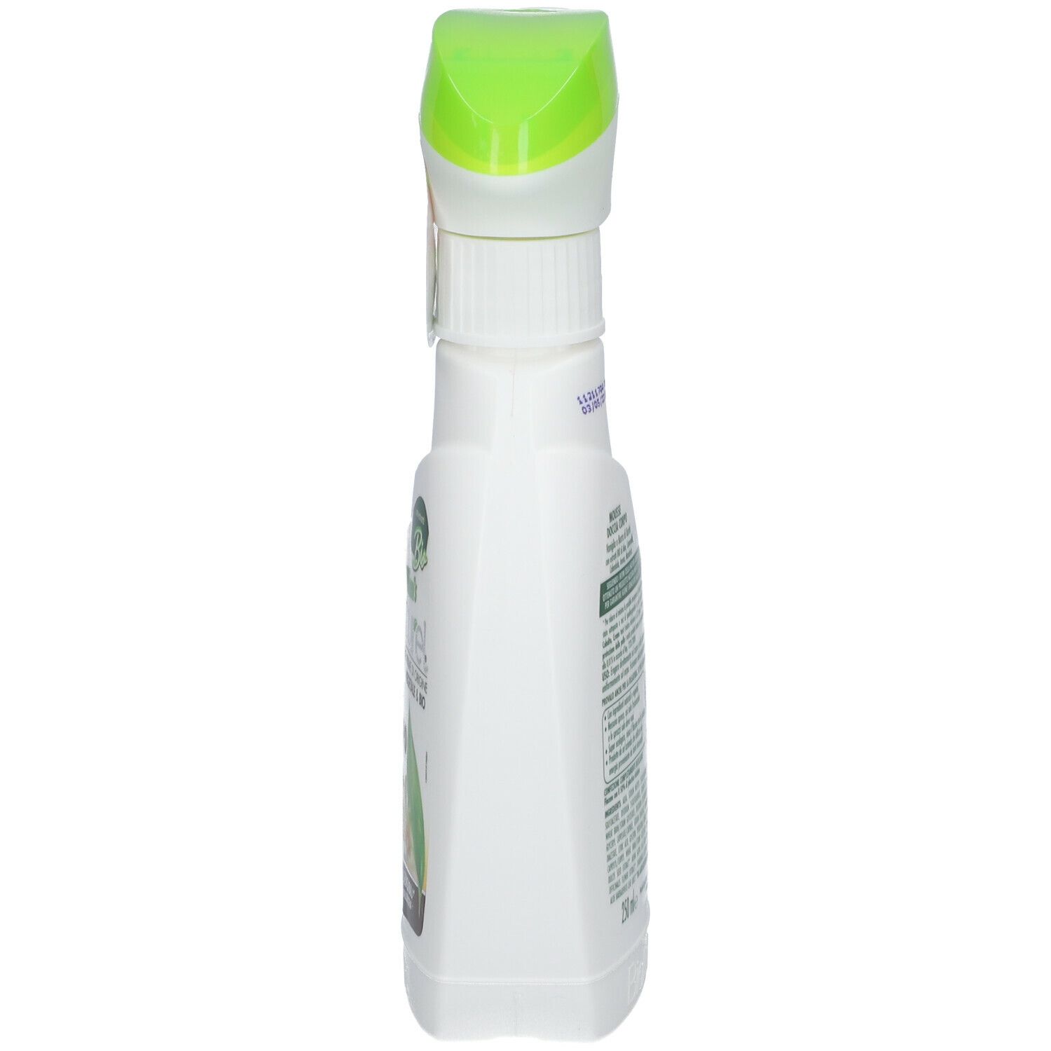 Flacone spray bianco con erogatore verde. Scritta illeggibile.