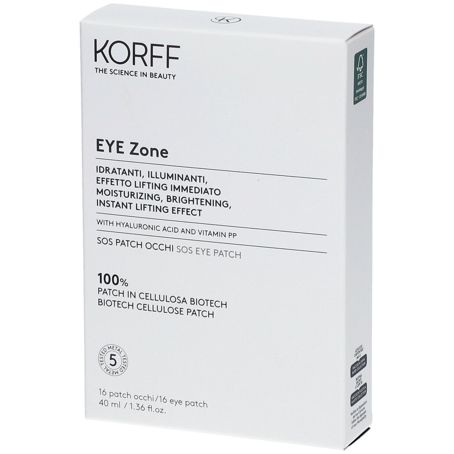 Confezione bianca del prodotto. Scritta: KORFF, EYE Zone, SOS Patch Occhi, 16 pezzi.