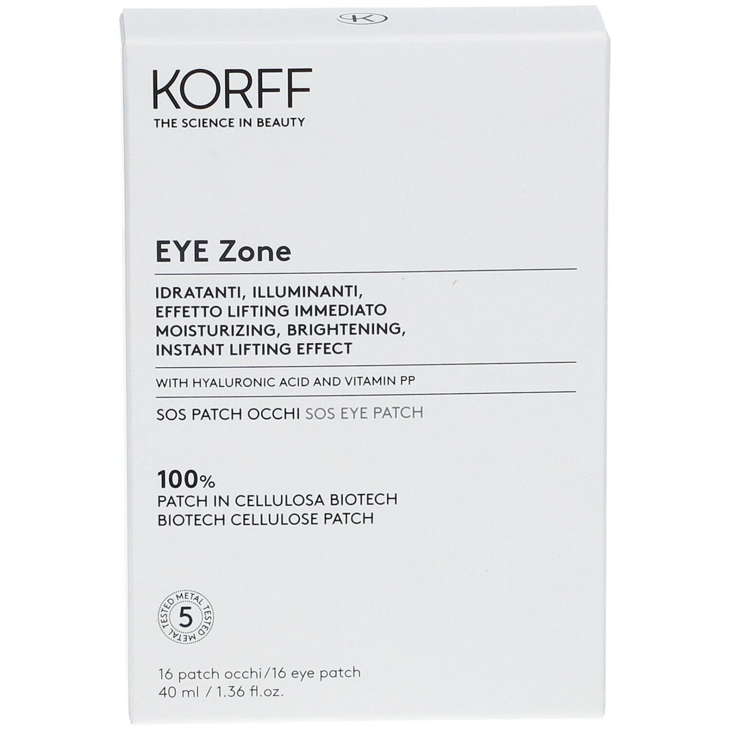 Confezione bianca del prodotto. Scritta: KORFF, EYE Zone, SOS Patch Occhi, 16 pezzi.