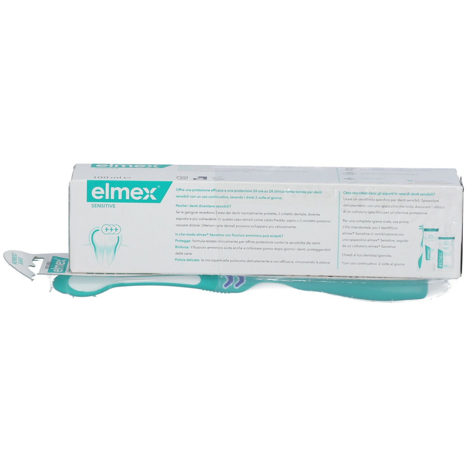 Dentifricio e spazzolino Elmex Sensitive. Confezione con informazioni. Colori: verde e bianco.