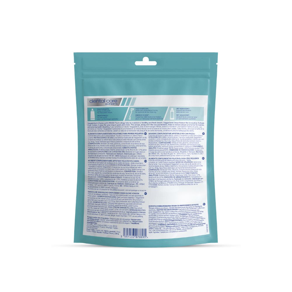 Retro della confezione di VEGGIEDENT FRESH Snack Dentali. Testo e illustrazioni su ingredienti e utilizzo.