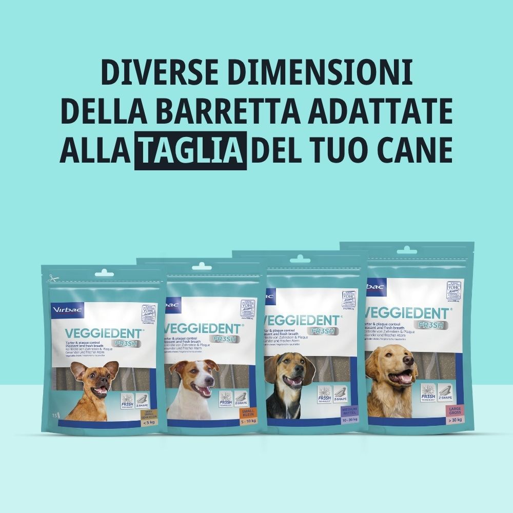 Diverse confezioni di VEGGIEDENT FRESH Snack Dentali. Testo: Diverse dimensioni adatte alla taglia del tuo cane.