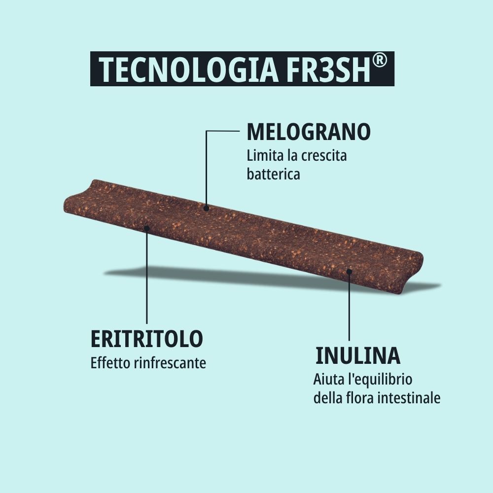 Primo piano di uno snack. Testo: Tecnologia FR3SH. Ingredienti: eritritolo, inulina, melograno.