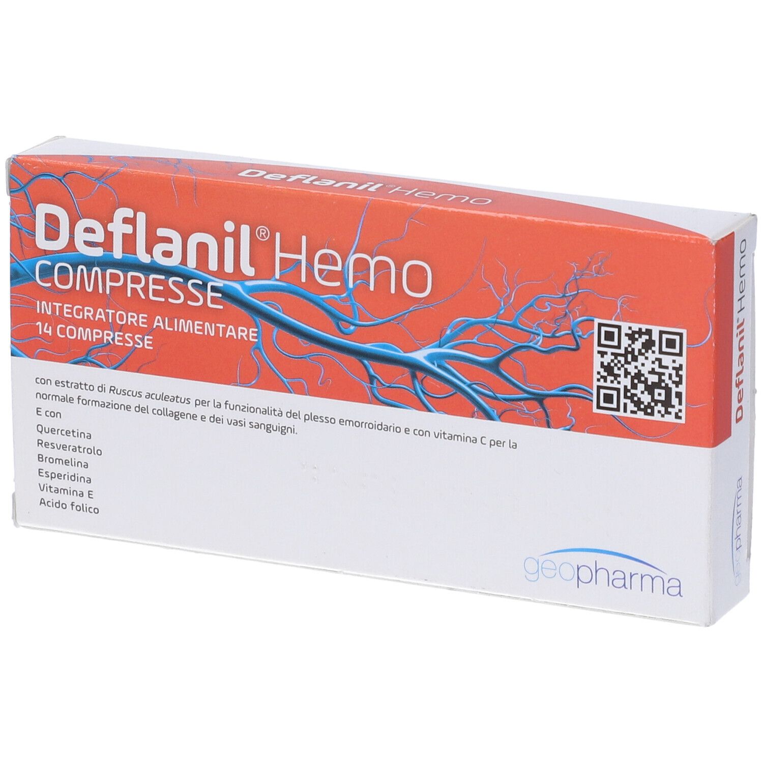 Scatola Deflanil Hemo Compresse, arancione, con nome del prodotto, codice QR e ingredienti.