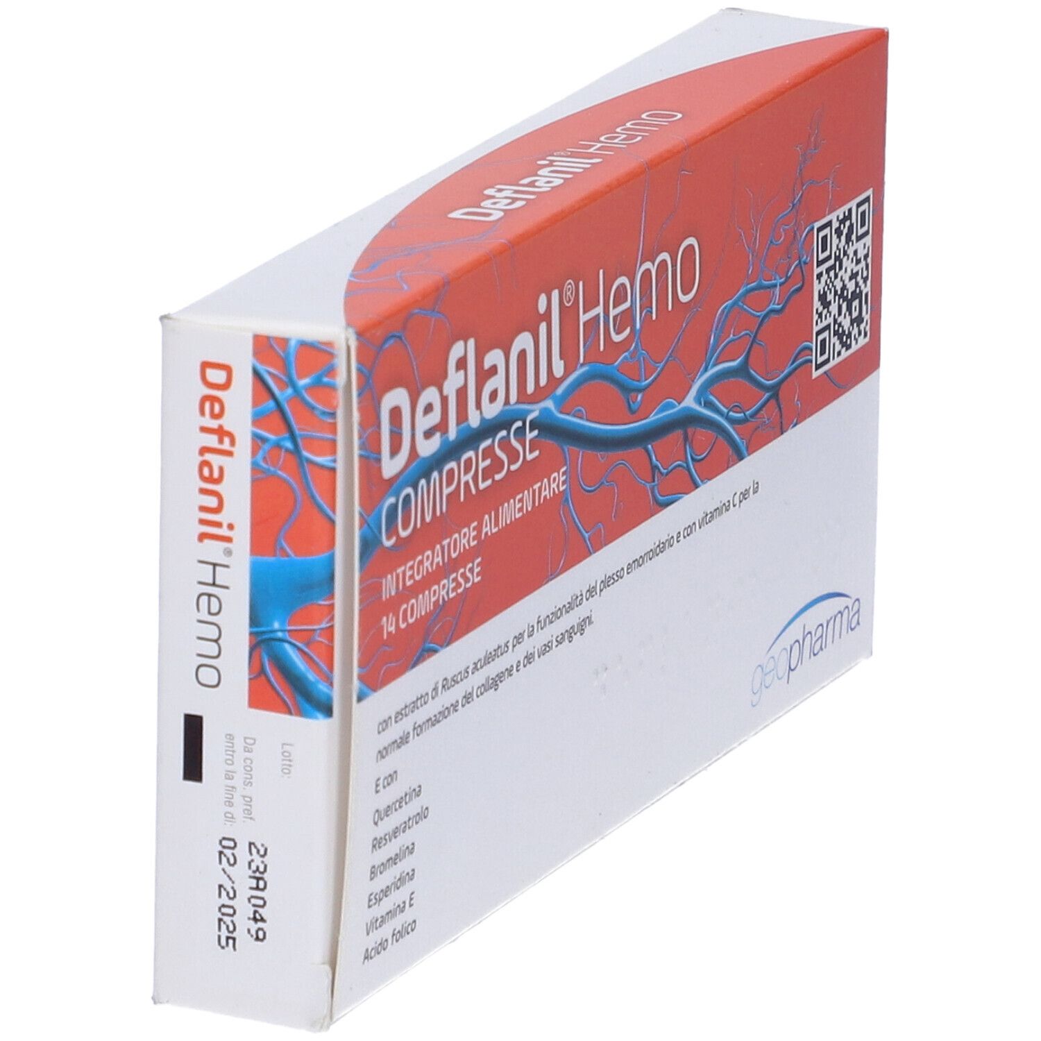 Scatola Deflanil Hemo Compresse, arancione, con nome del prodotto, codice QR e ingredienti.
