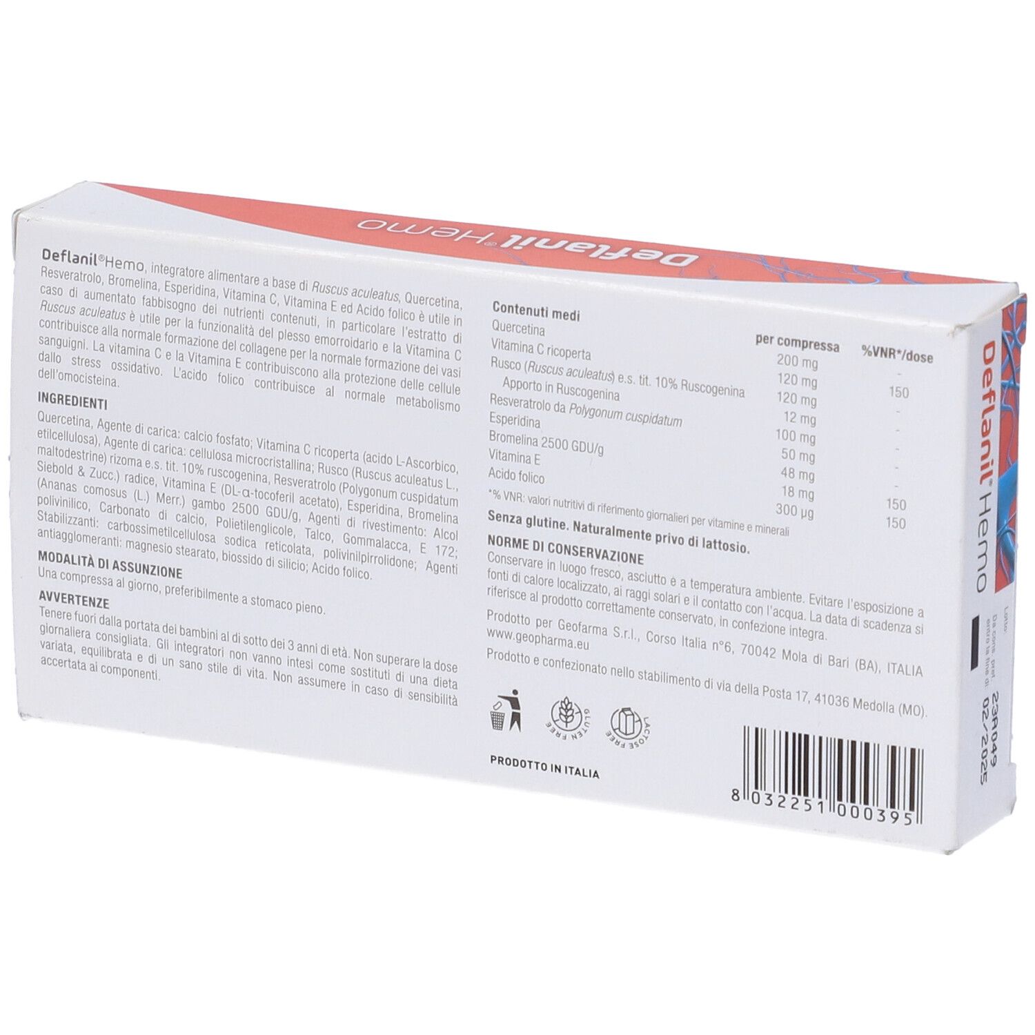 Scatola Deflanil Hemo Compresse, arancione, con nome del prodotto, codice QR e ingredienti.