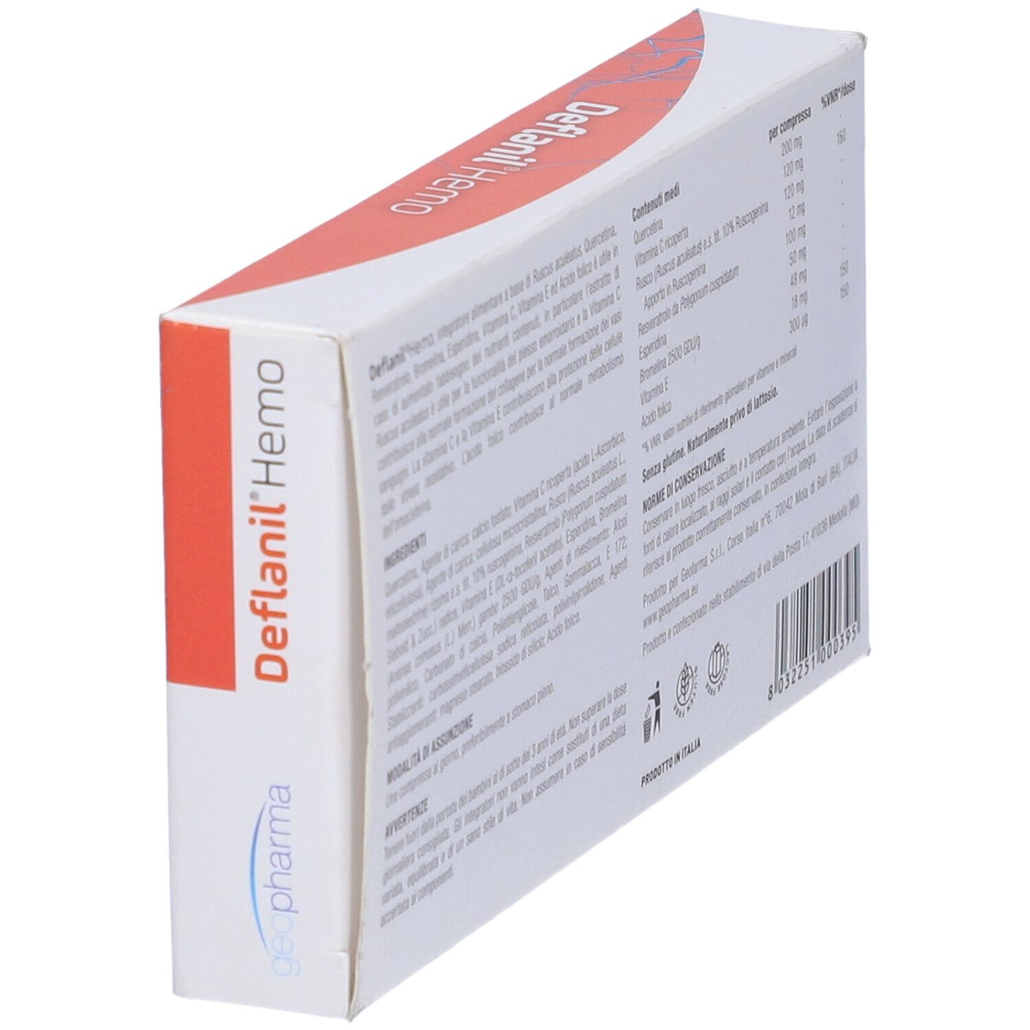 Retro della confezione Deflanil Hemo Compresse con ingredienti e informazioni del produttore.
