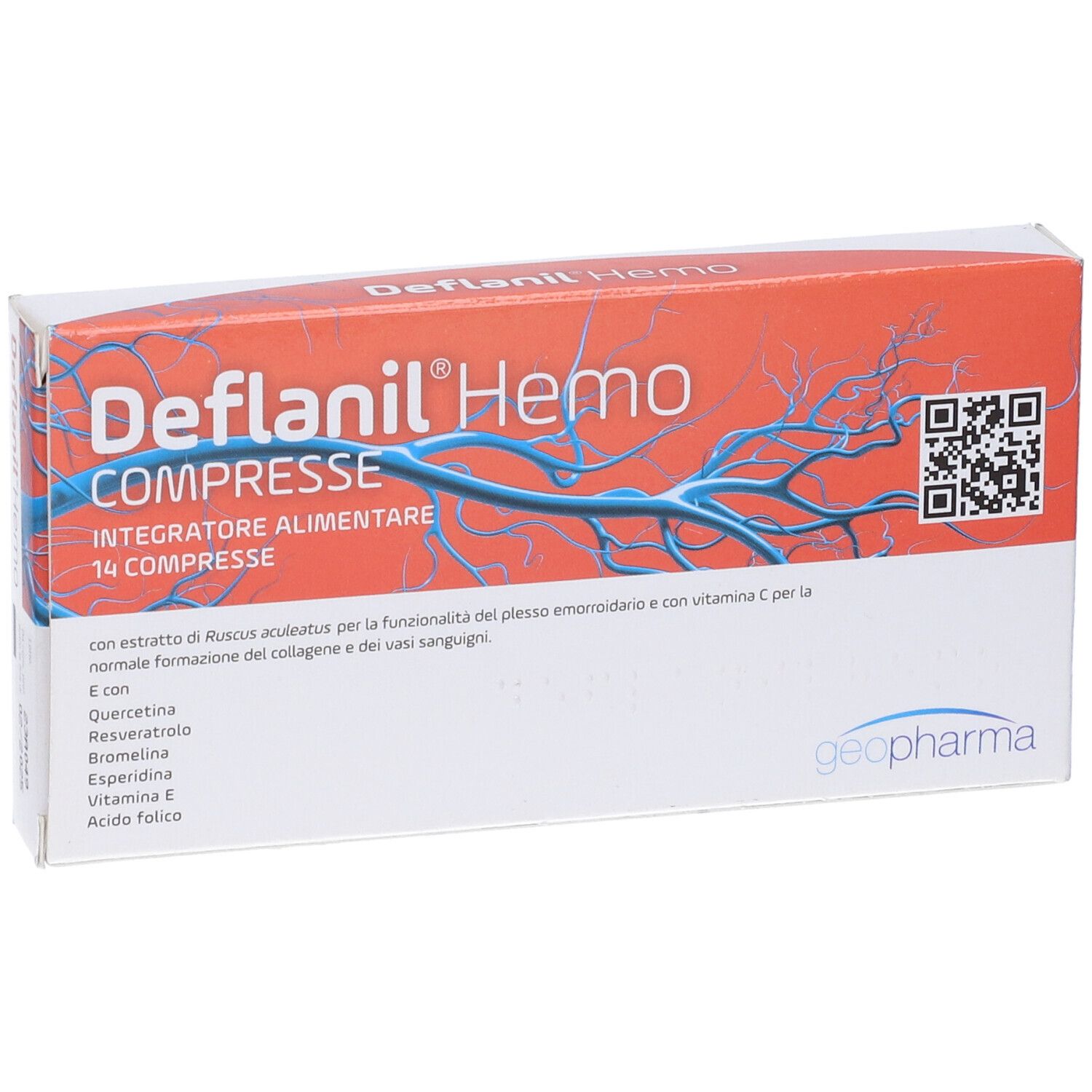 Scatola Deflanil Hemo Compresse, arancione, con nome del prodotto, codice QR e ingredienti.