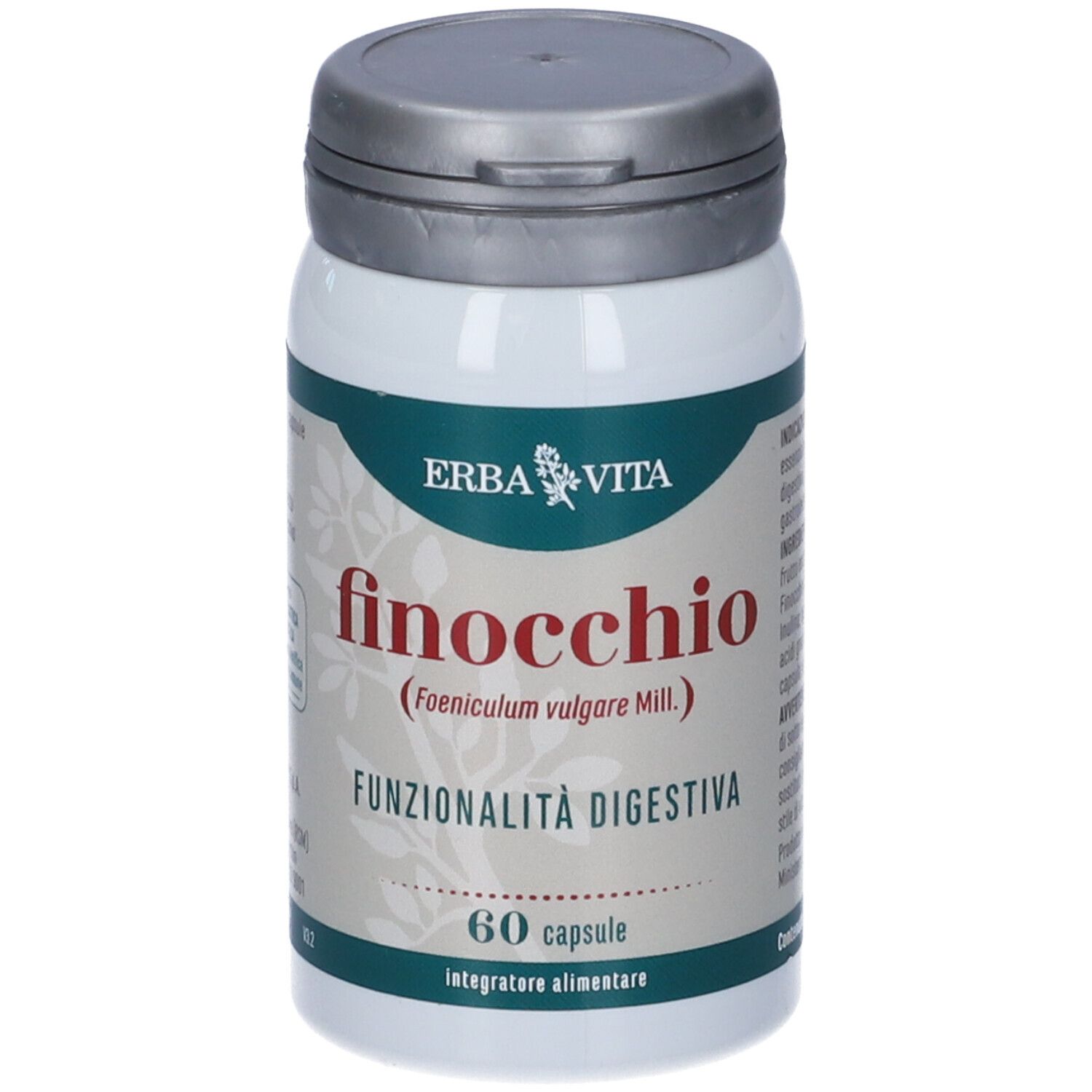 Flacone bianco con coperchio grigio. Scritta: Erba Vita, Finocchio, 60 capsule. Prodotto per la digestione.