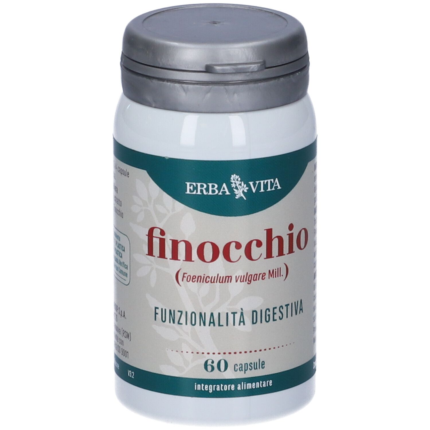 Flacone bianco con coperchio grigio. Scritta: Erba Vita, Finocchio, 60 capsule. Prodotto per la digestione.