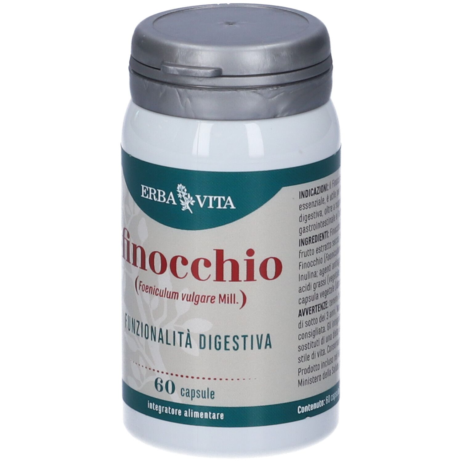 Flacone bianco con coperchio grigio. Scritta: Erba Vita, Finocchio, 60 capsule. Prodotto per la digestione.