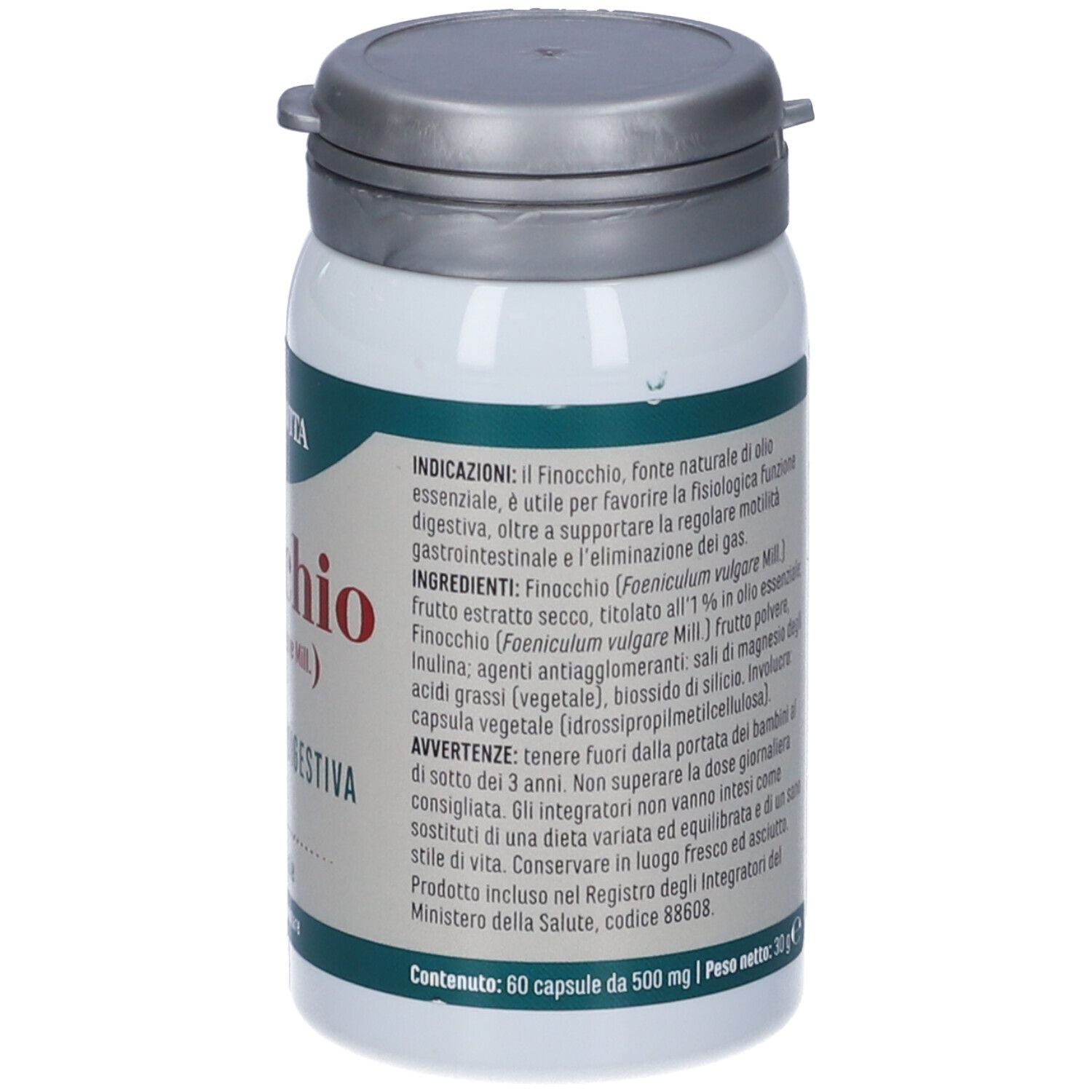 Retro del flacone di capsule. Testo: Erba Vita, ingredienti, modo d'uso, senza glutine, vegano.