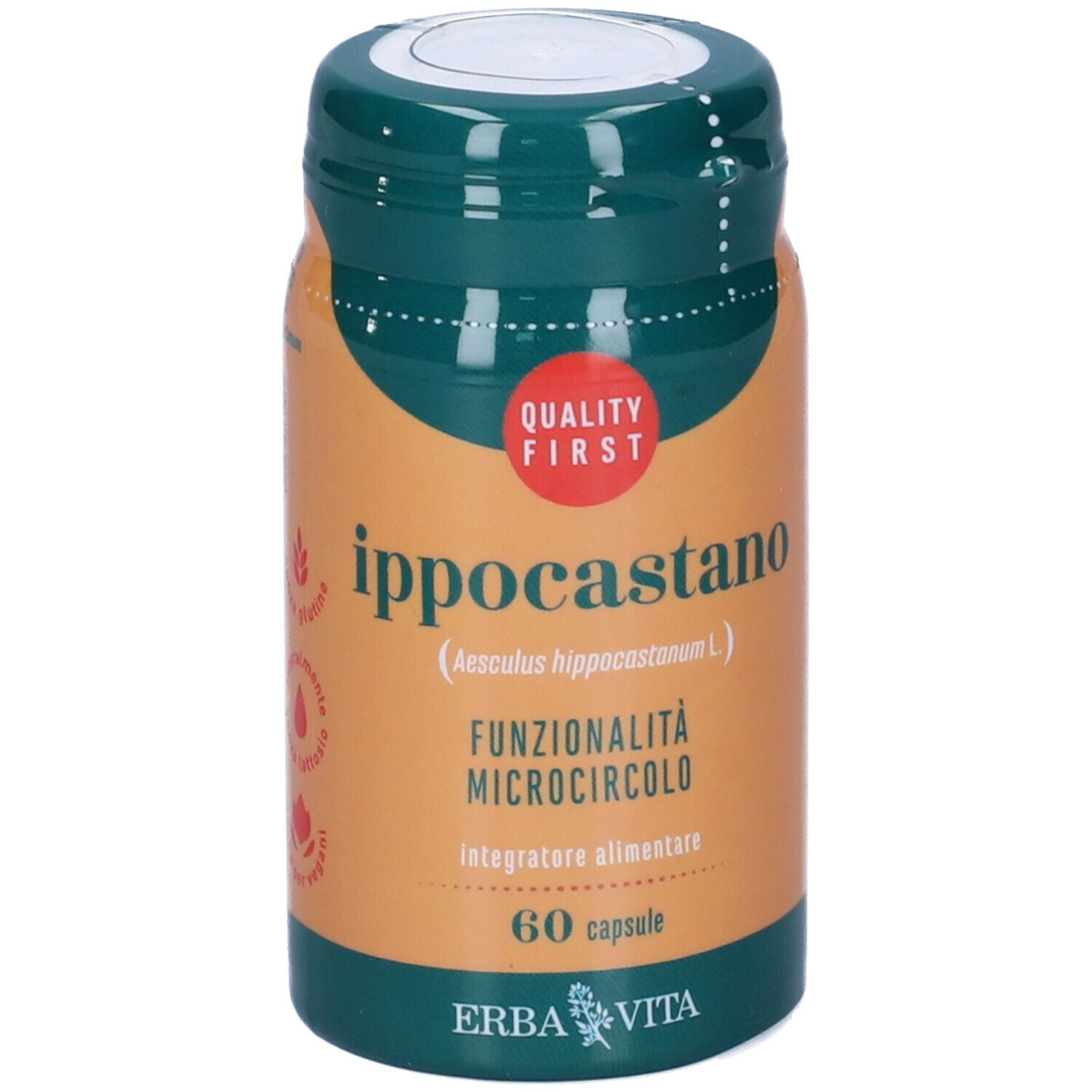 Flacone marrone e verde. Scritta: Ippocastano, 60 capsule. Cerchio rosso: Quality First.