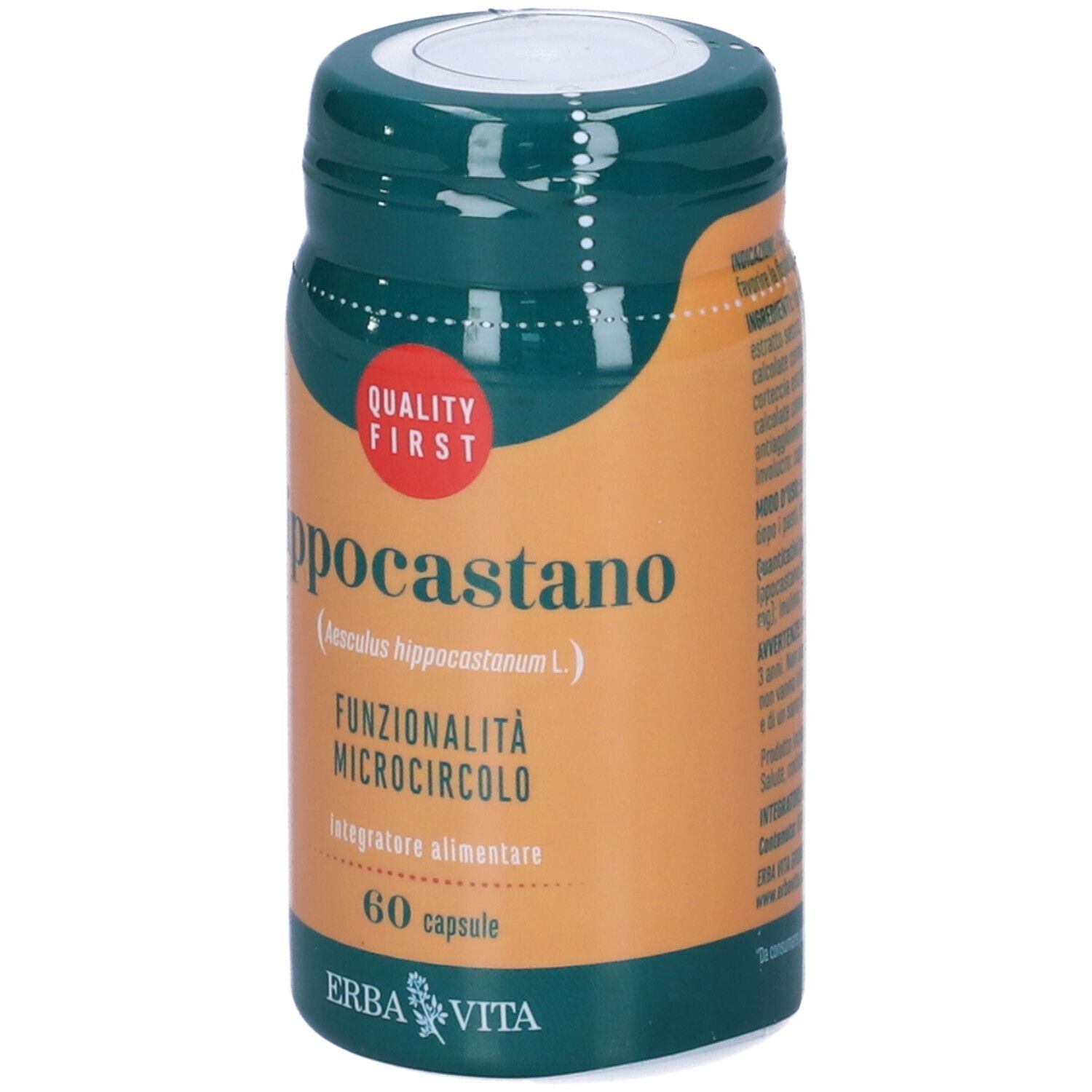 Flacone marrone e verde. Scritta: Ippocastano, 60 capsule. Cerchio rosso: Quality First.