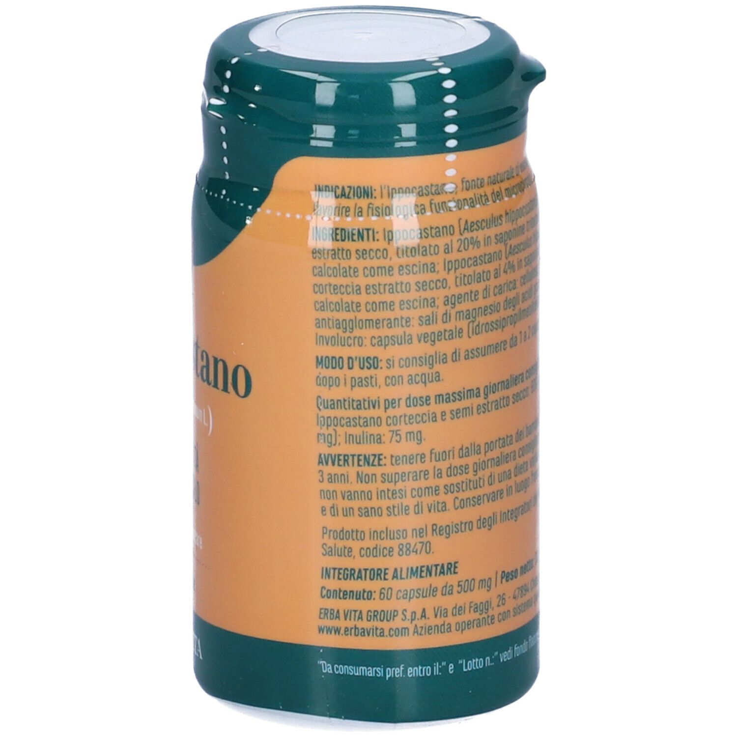 Flacone marrone e verde. Testo: ingredienti, dosaggio, 60 capsule. Informazioni produttore.