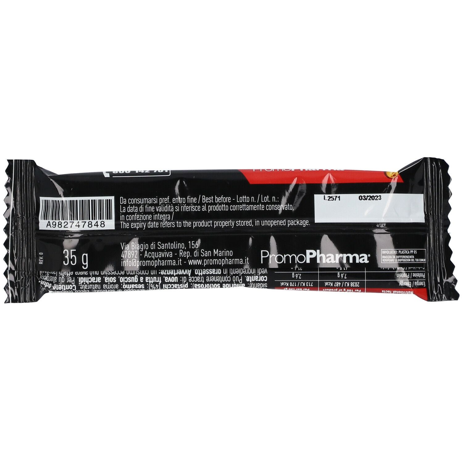 Retro confezione barretta. Informazioni ingredienti, peso 35g, produttore e data scadenza.