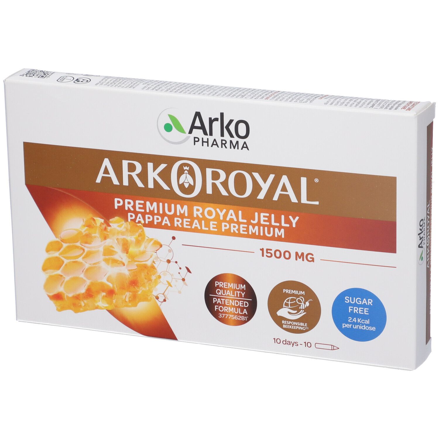 Confezione Arkoroyal Pappa Reale Premium, 1500 mg. Illustrazione a nido d'ape. Senza zuccheri. Qualità premium.