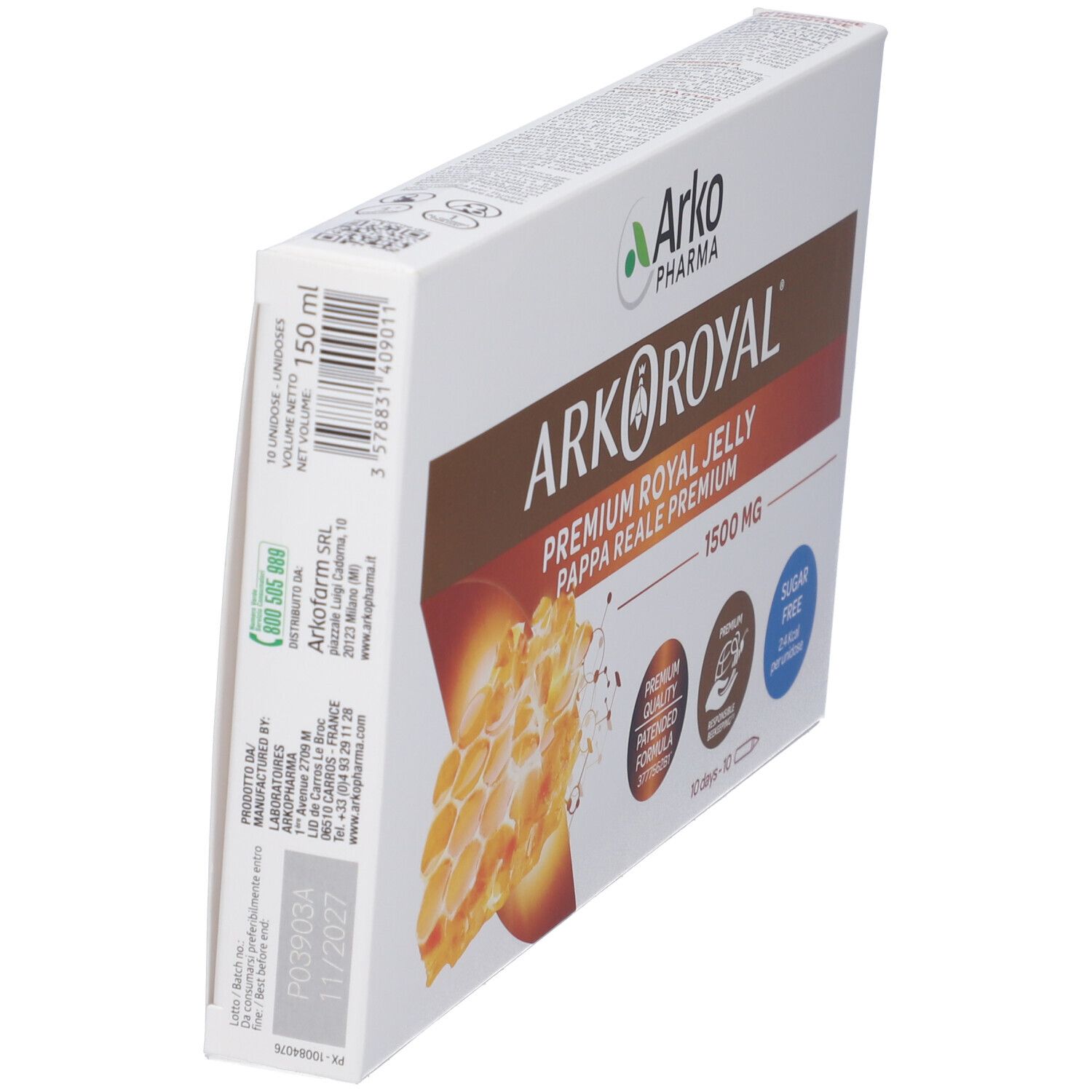 Confezione Arkoroyal Pappa Reale Premium, 1500 mg. Vista laterale. Testo e illustrazioni. Informazioni sul prodotto.