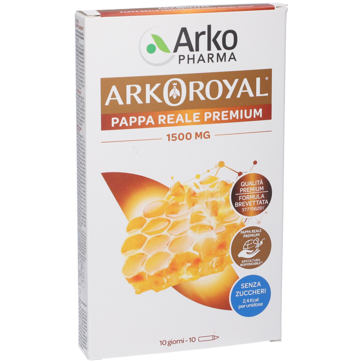 Confezione Arkoroyal Pappa Reale Premium, 1500 mg. Illustrazione a nido d'ape. Senza zuccheri. Qualità premium.