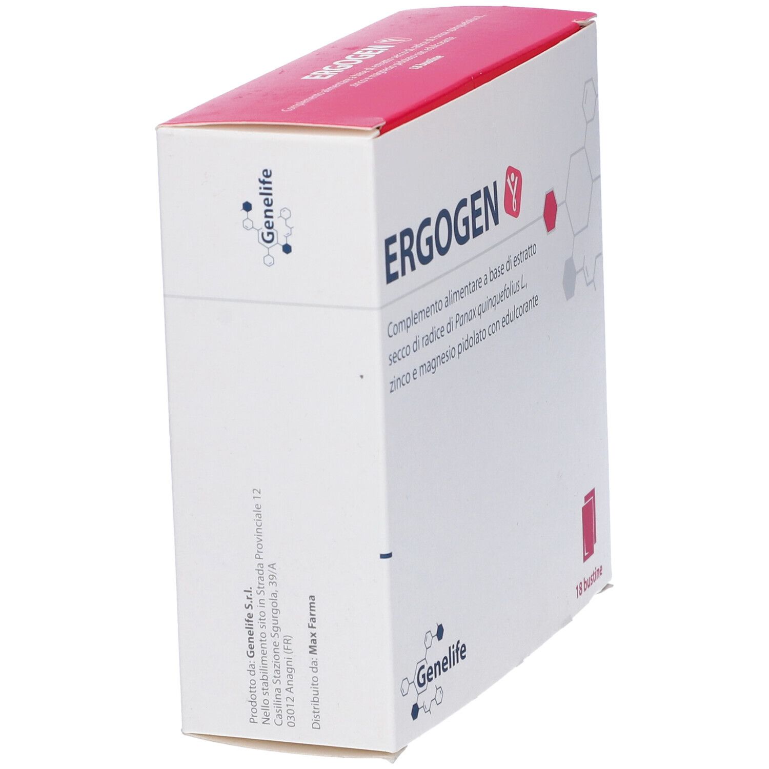 Scatola Ergogen, vista laterale. Logo e testo. Logo Geneliffe. Confezione rossa e bianca.