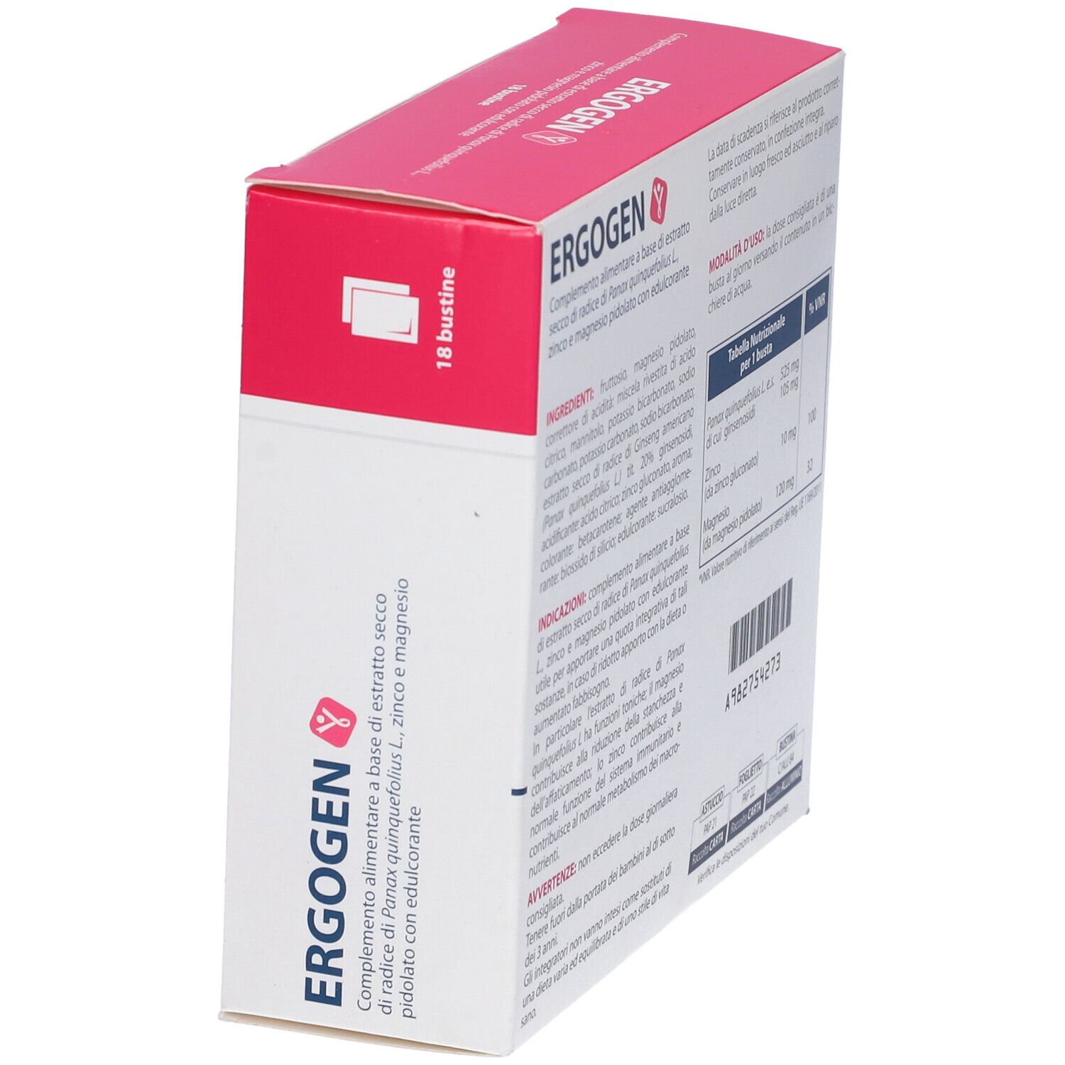 Scatola Ergogen, angolata. Logo e testo. 18 bustine. Confezione rossa e bianca. Geneliffe.